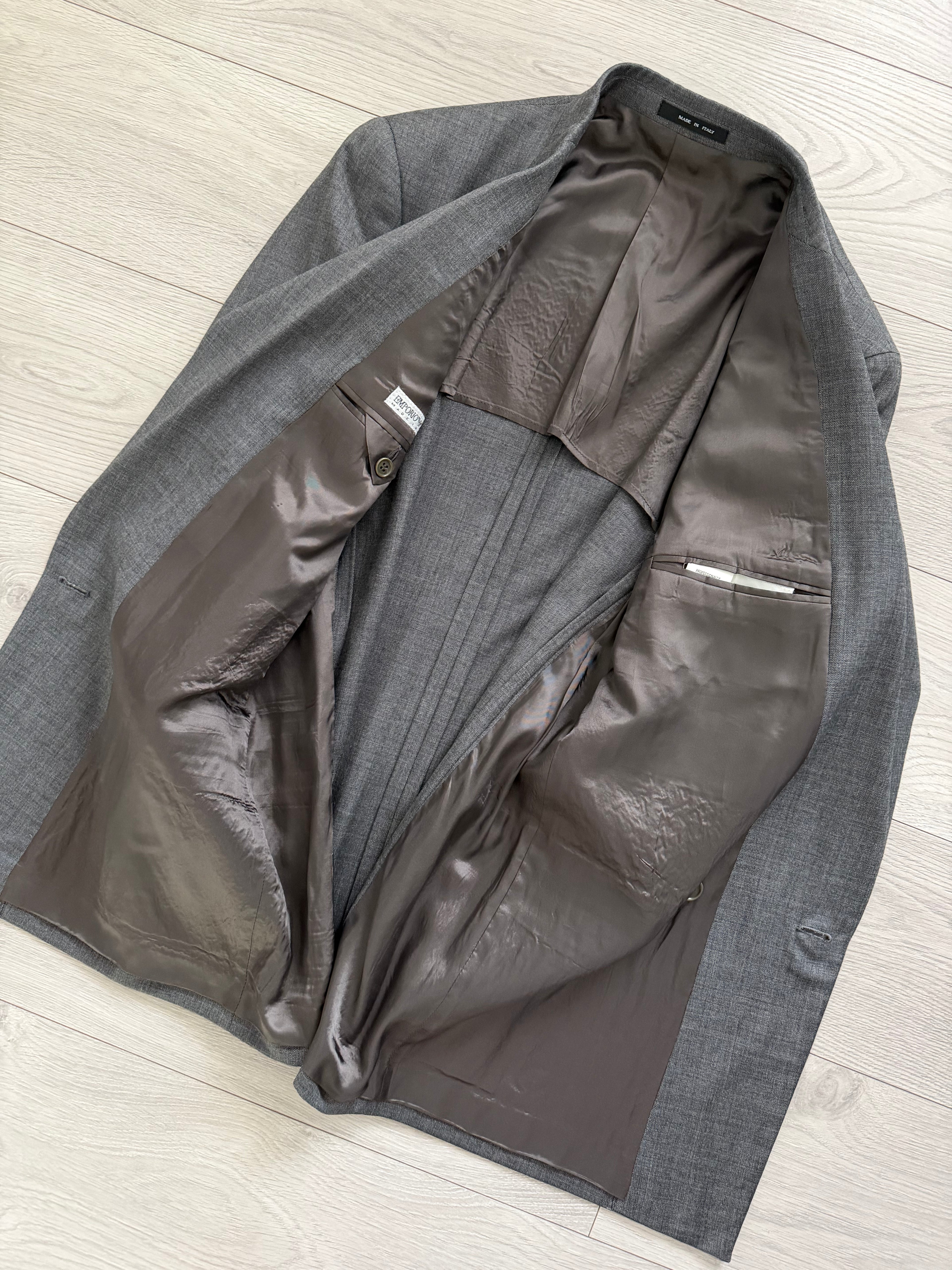 Emporio Armani 1990s Peaked Lapel Double Breasted Double-Pleated Wool Suit Grey - Size M Jacket / 32" Waist