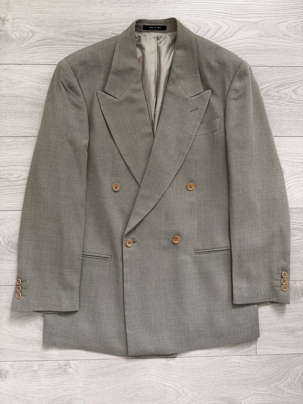 Emporio Armani 1990s Peaked Lapel Double Breasted Double-Pleated Wool Blend Suit Taupe Beige - Size L Jacket / 33" Waist