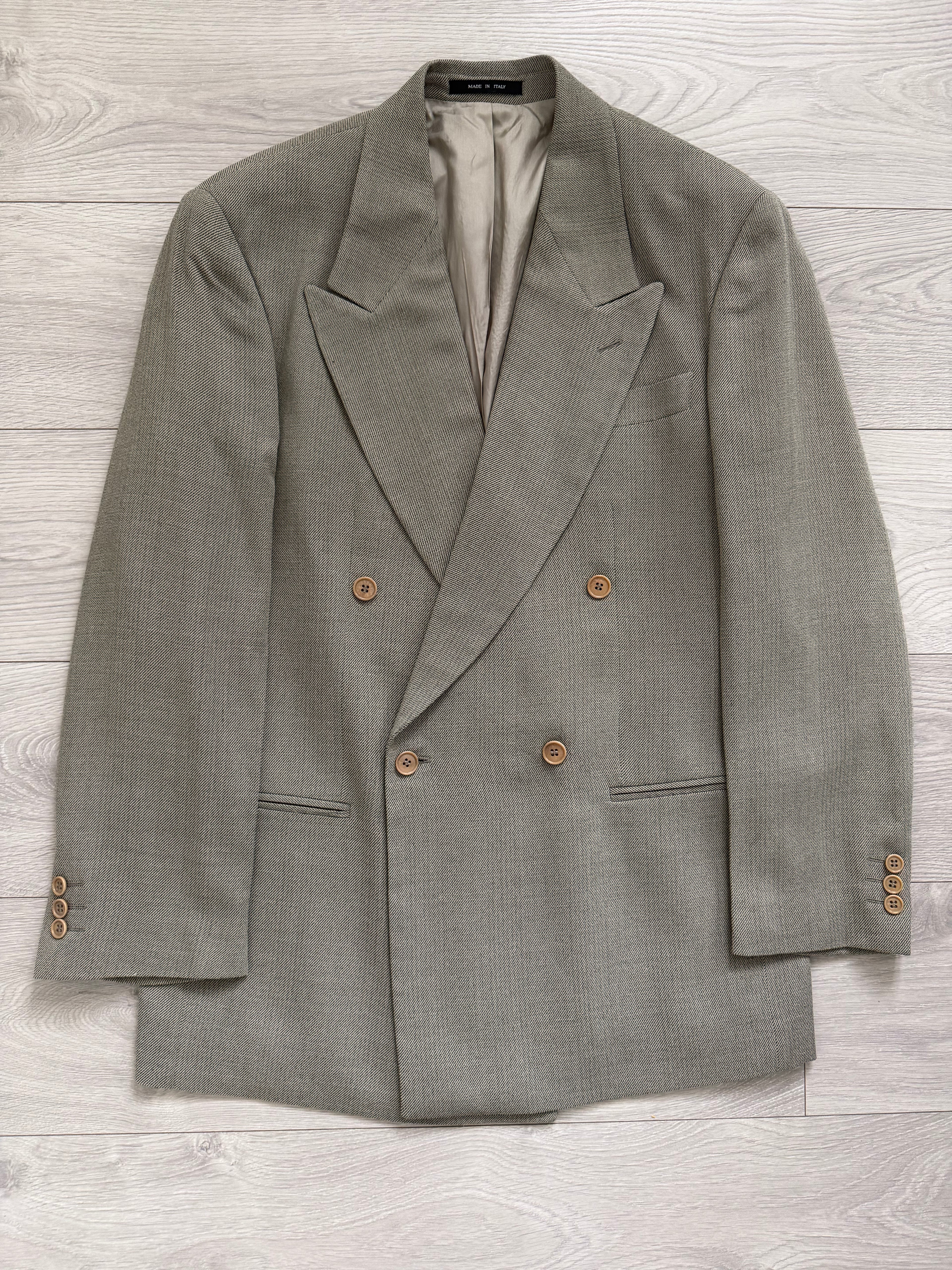 Emporio Armani 1990s Peaked Lapel Double Breasted Double-Pleated Wool Blend Suit Taupe Beige - Size L Jacket / 33" Waist