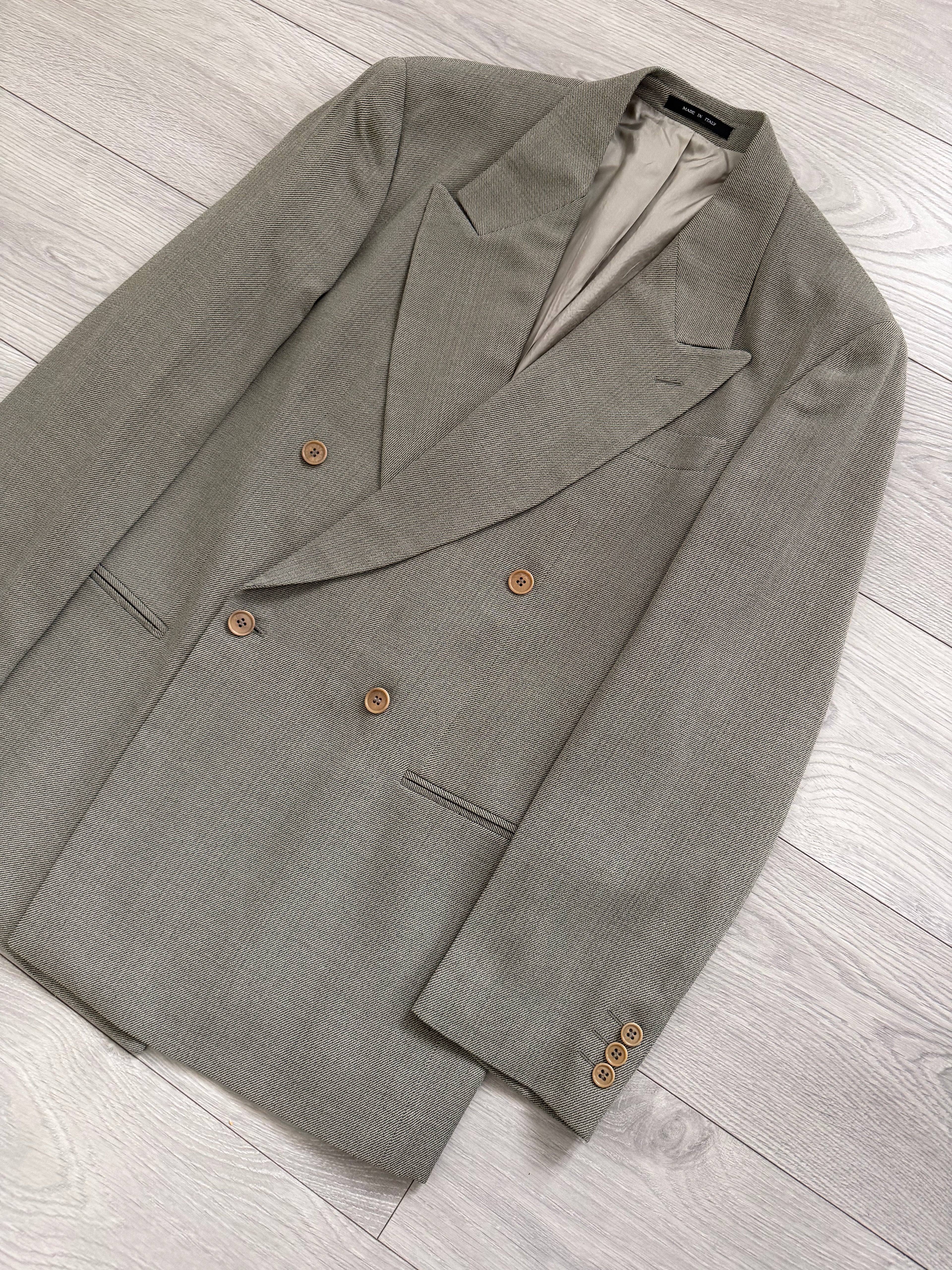 Emporio Armani 1990s Peaked Lapel Double Breasted Double-Pleated Wool Blend Suit Taupe Beige - Size L Jacket / 33" Waist