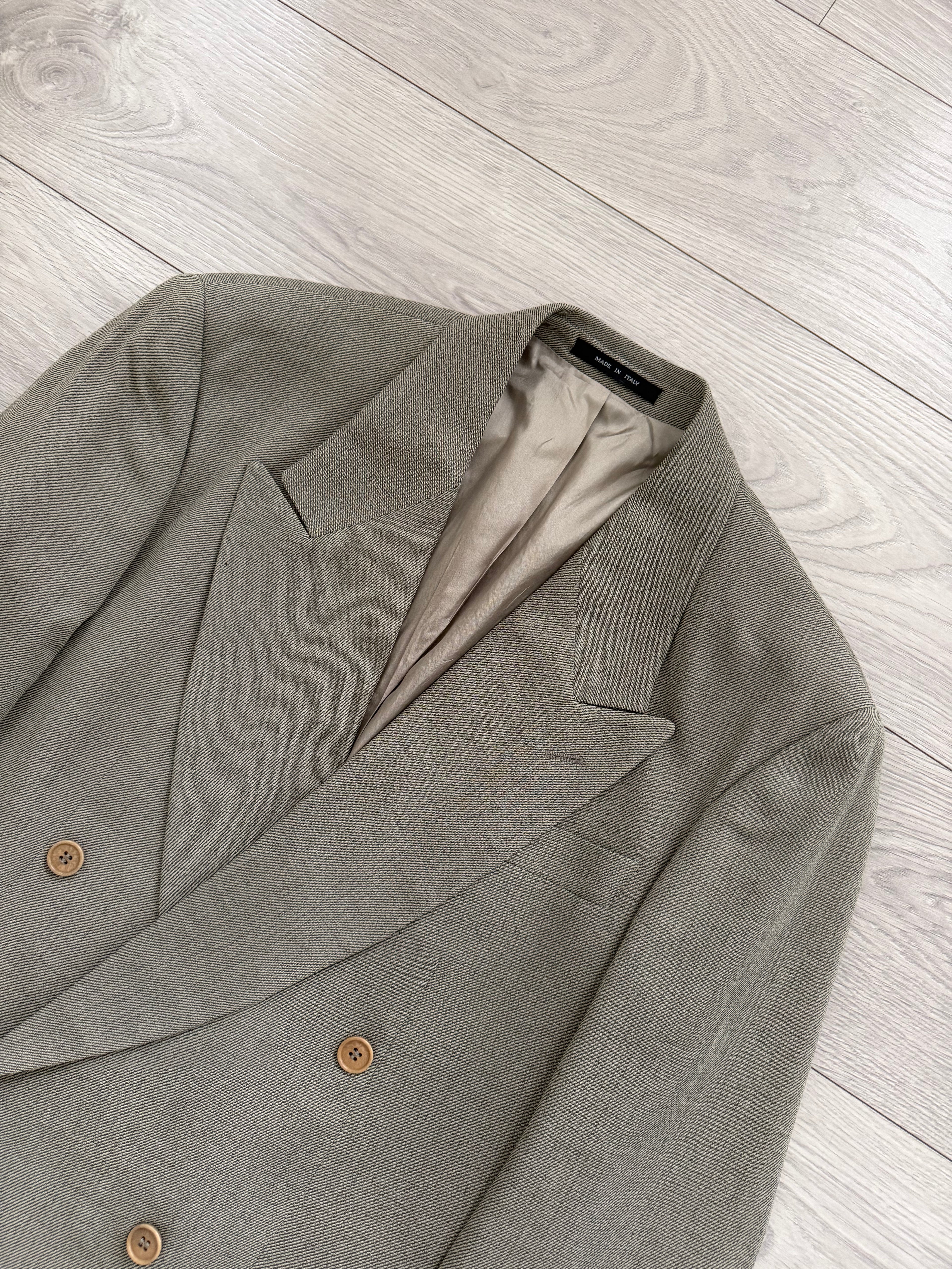Emporio Armani 1990s Peaked Lapel Double Breasted Double-Pleated Wool Blend Suit Taupe Beige - Size L Jacket / 33" Waist