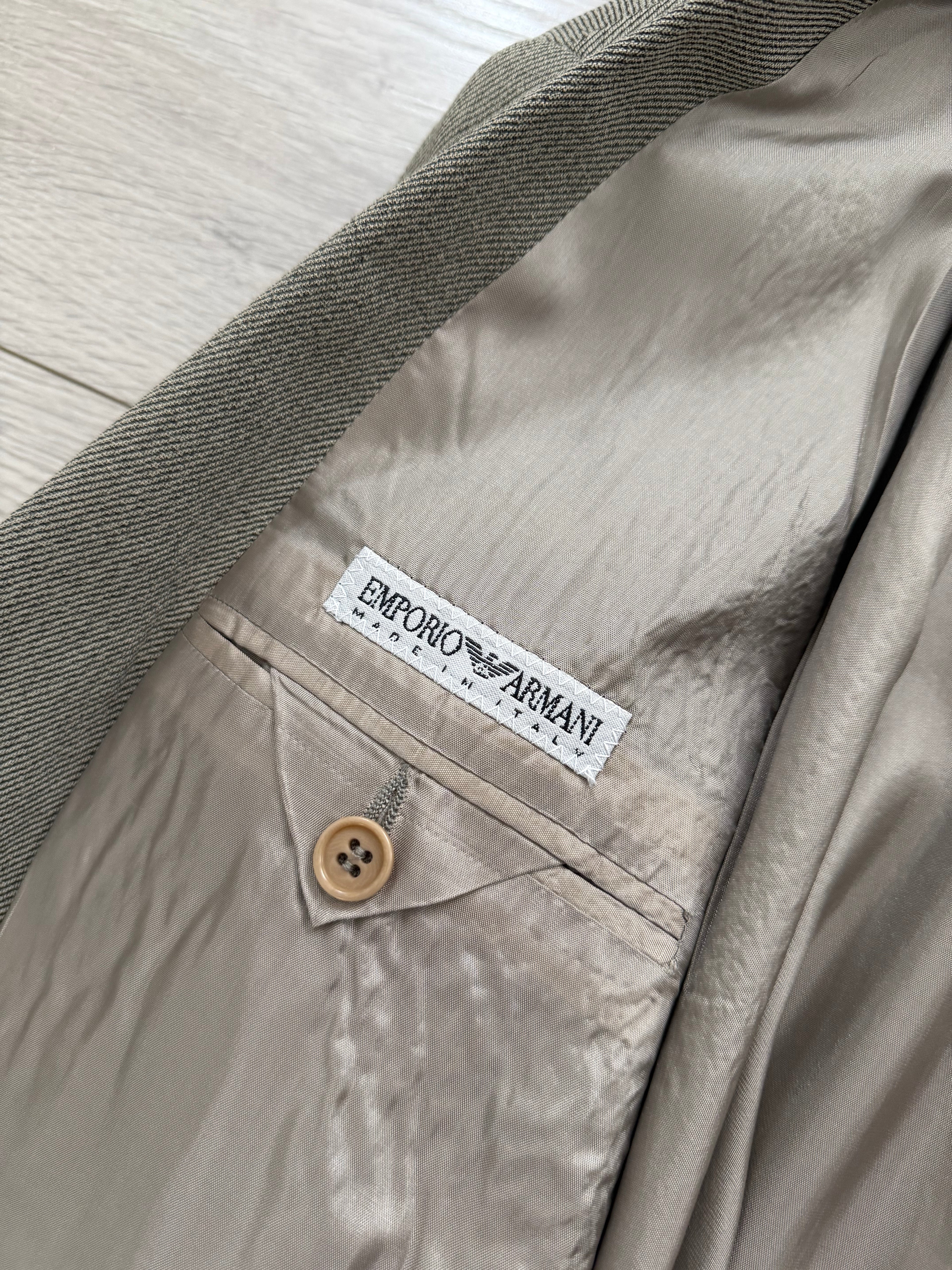 Emporio Armani 1990s Peaked Lapel Double Breasted Double-Pleated Wool Blend Suit Taupe Beige - Size L Jacket / 33" Waist