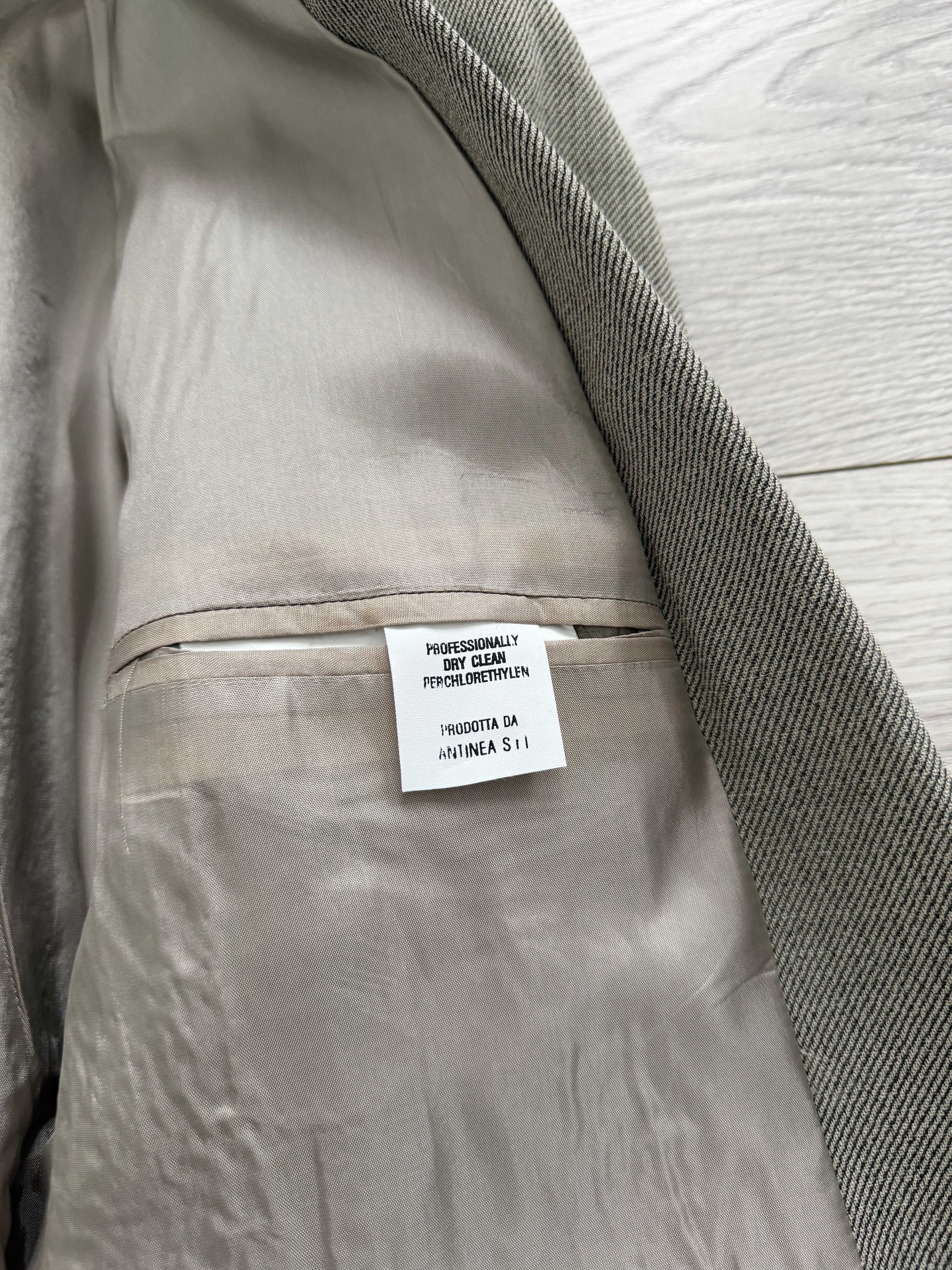 Emporio Armani 1990s Peaked Lapel Double Breasted Double-Pleated Wool Blend Suit Taupe Beige - Size L Jacket / 33" Waist