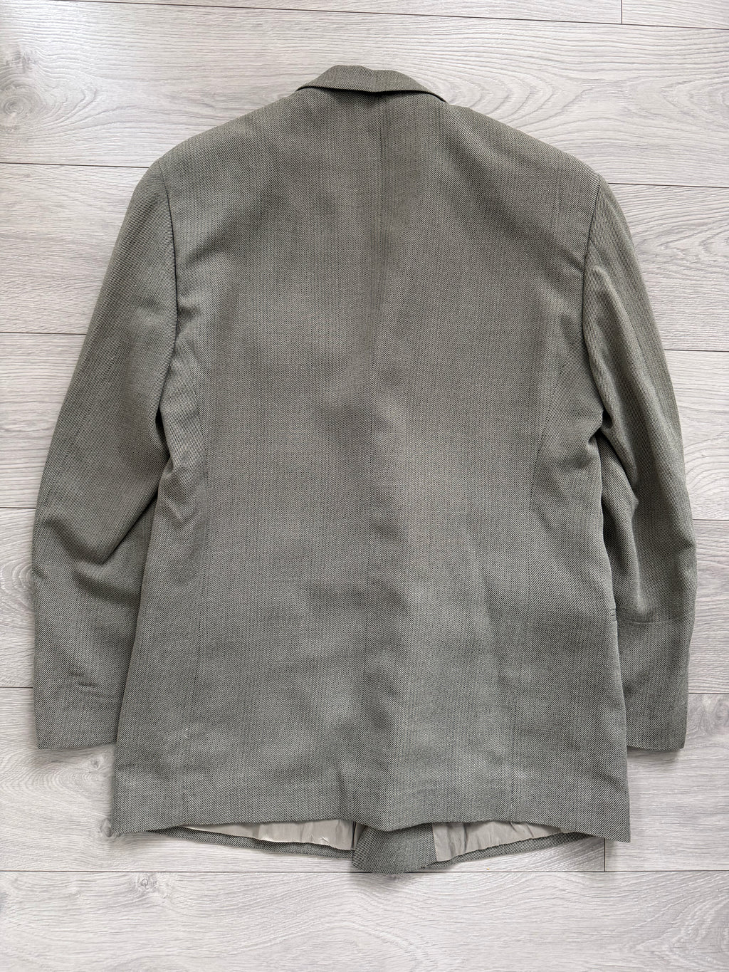 Emporio Armani 1990s Peaked Lapel Double Breasted Double-Pleated Wool Blend Suit Taupe Beige - Size L Jacket / 33" Waist