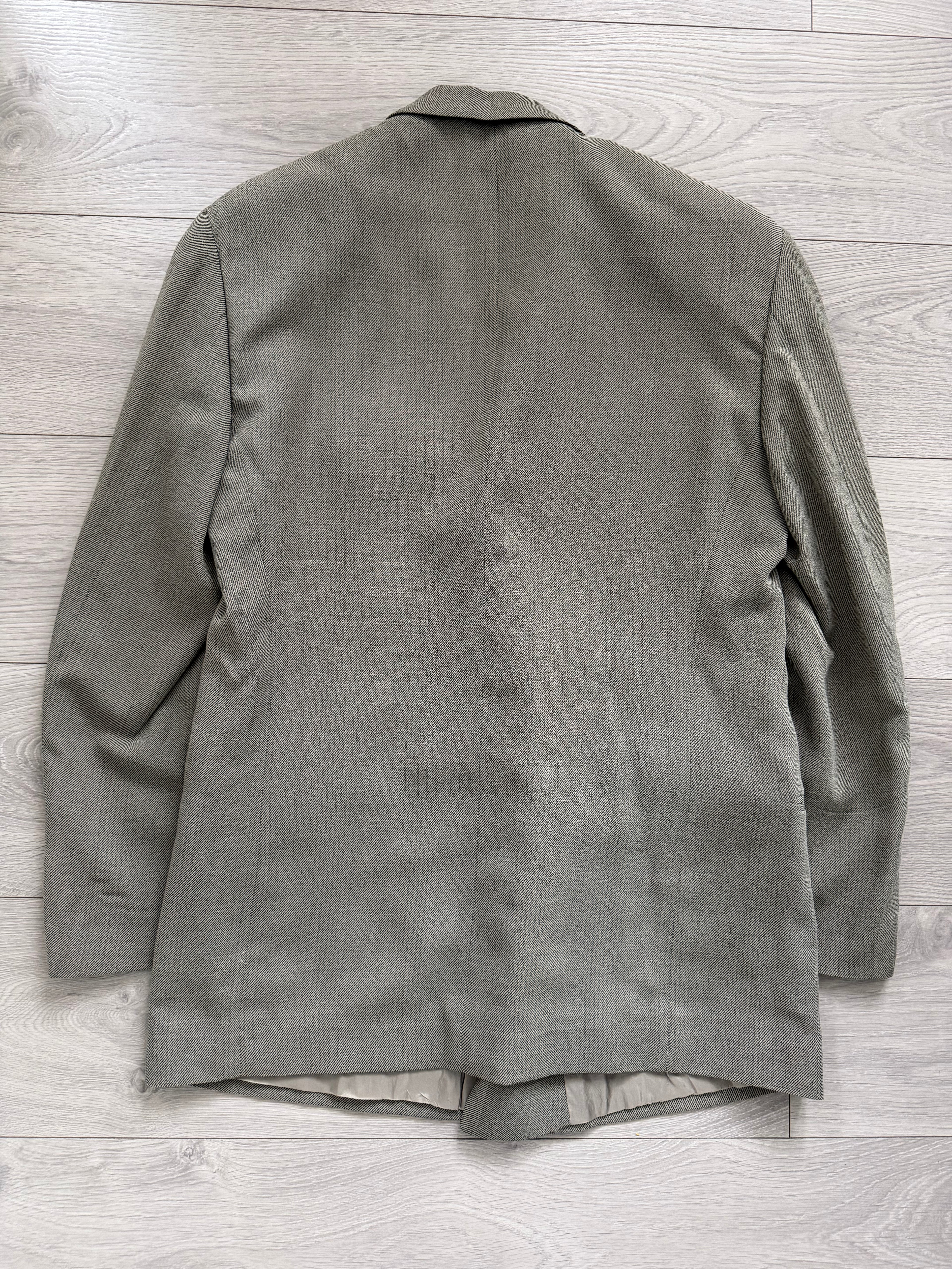 Emporio Armani 1990s Peaked Lapel Double Breasted Double-Pleated Wool Blend Suit Taupe Beige - Size L Jacket / 33" Waist