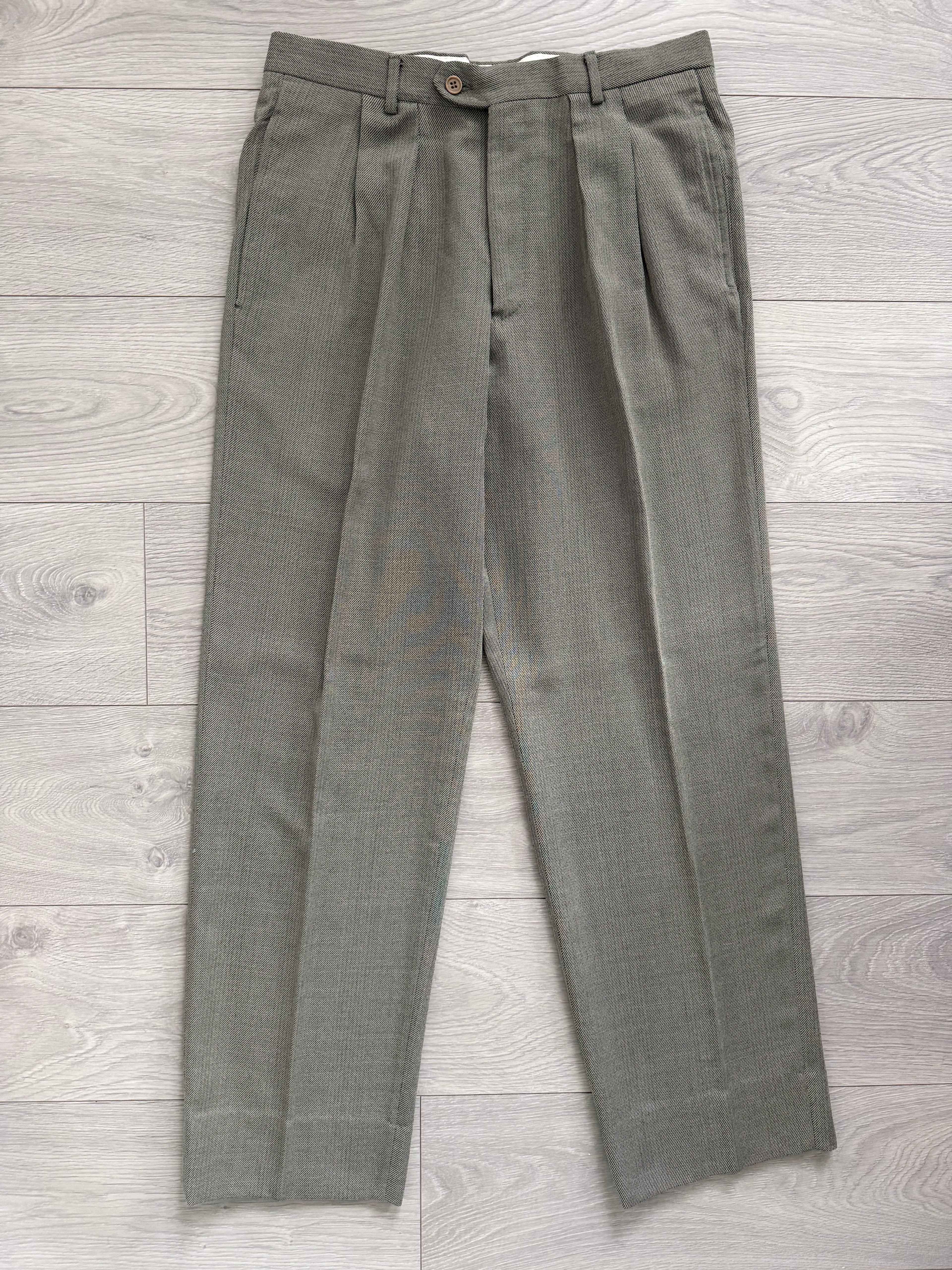 Emporio Armani 1990s Peaked Lapel Double Breasted Double-Pleated Wool Blend Suit Taupe Beige - Size L Jacket / 33" Waist