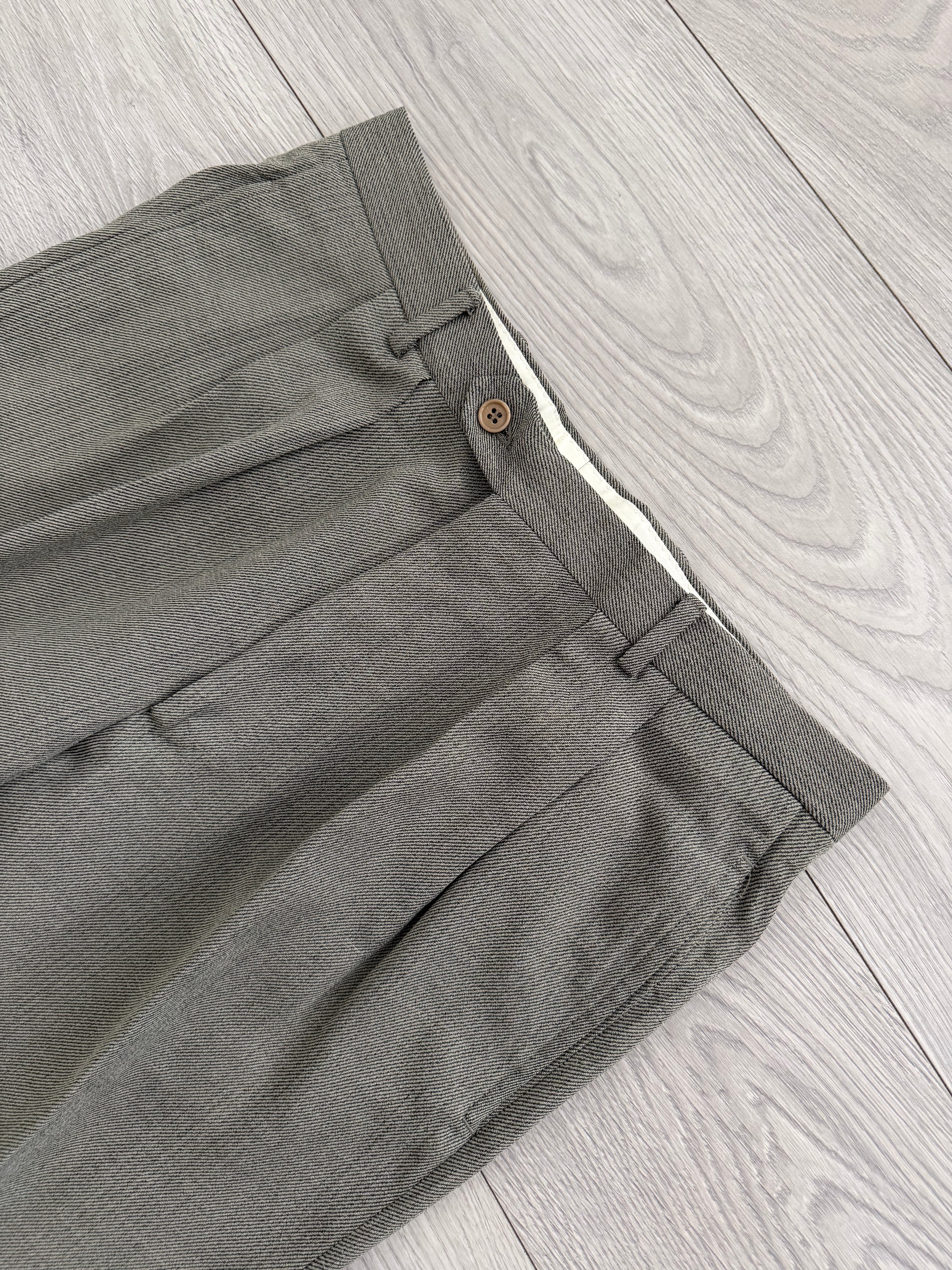 Emporio Armani 1990s Peaked Lapel Double Breasted Double-Pleated Wool Blend Suit Taupe Beige - Size L Jacket / 33" Waist