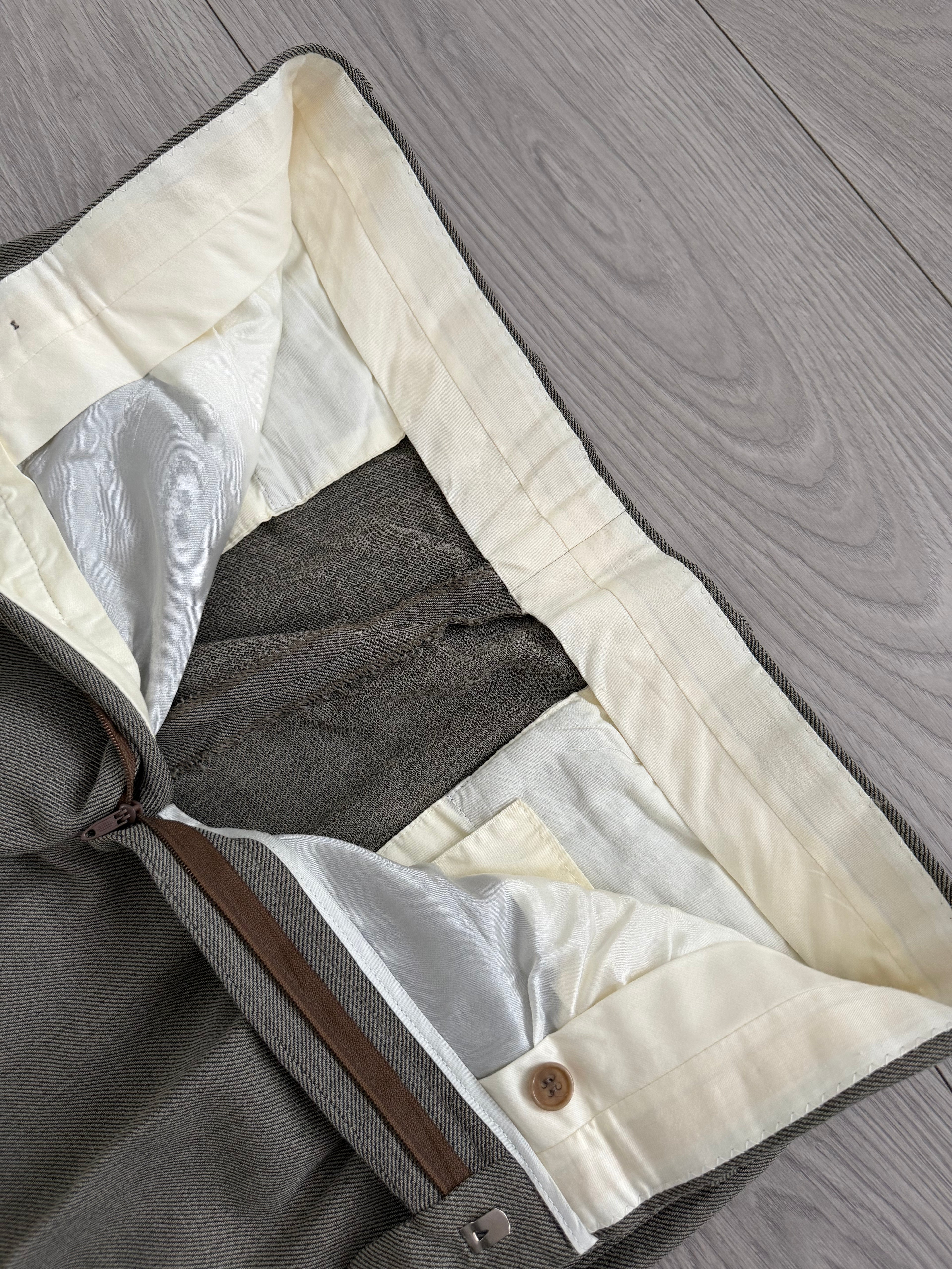 Emporio Armani 1990s Peaked Lapel Double Breasted Double-Pleated Wool Blend Suit Taupe Beige - Size L Jacket / 33" Waist