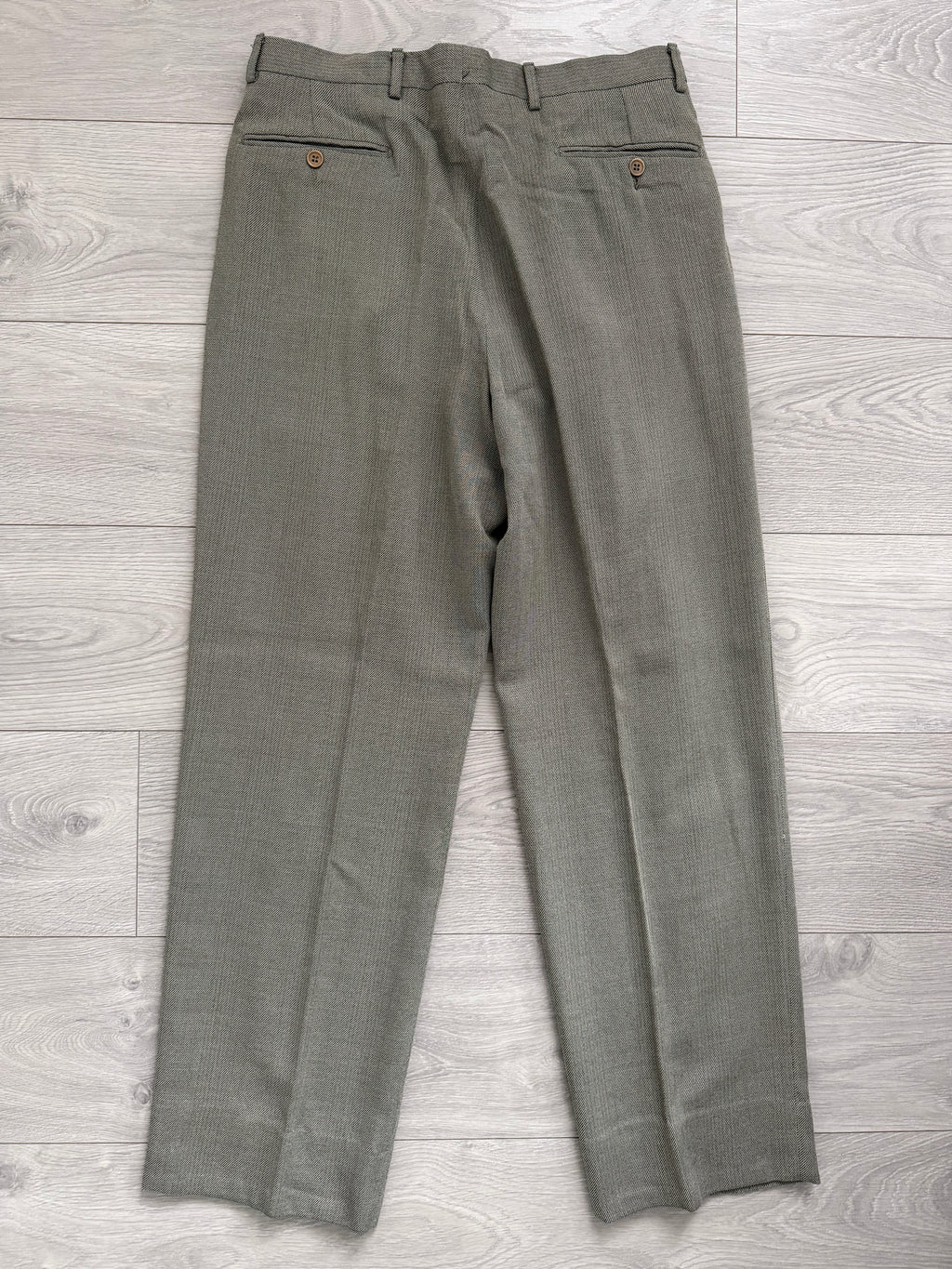 Emporio Armani 1990s Peaked Lapel Double Breasted Double-Pleated Wool Blend Suit Taupe Beige - Size L Jacket / 33" Waist