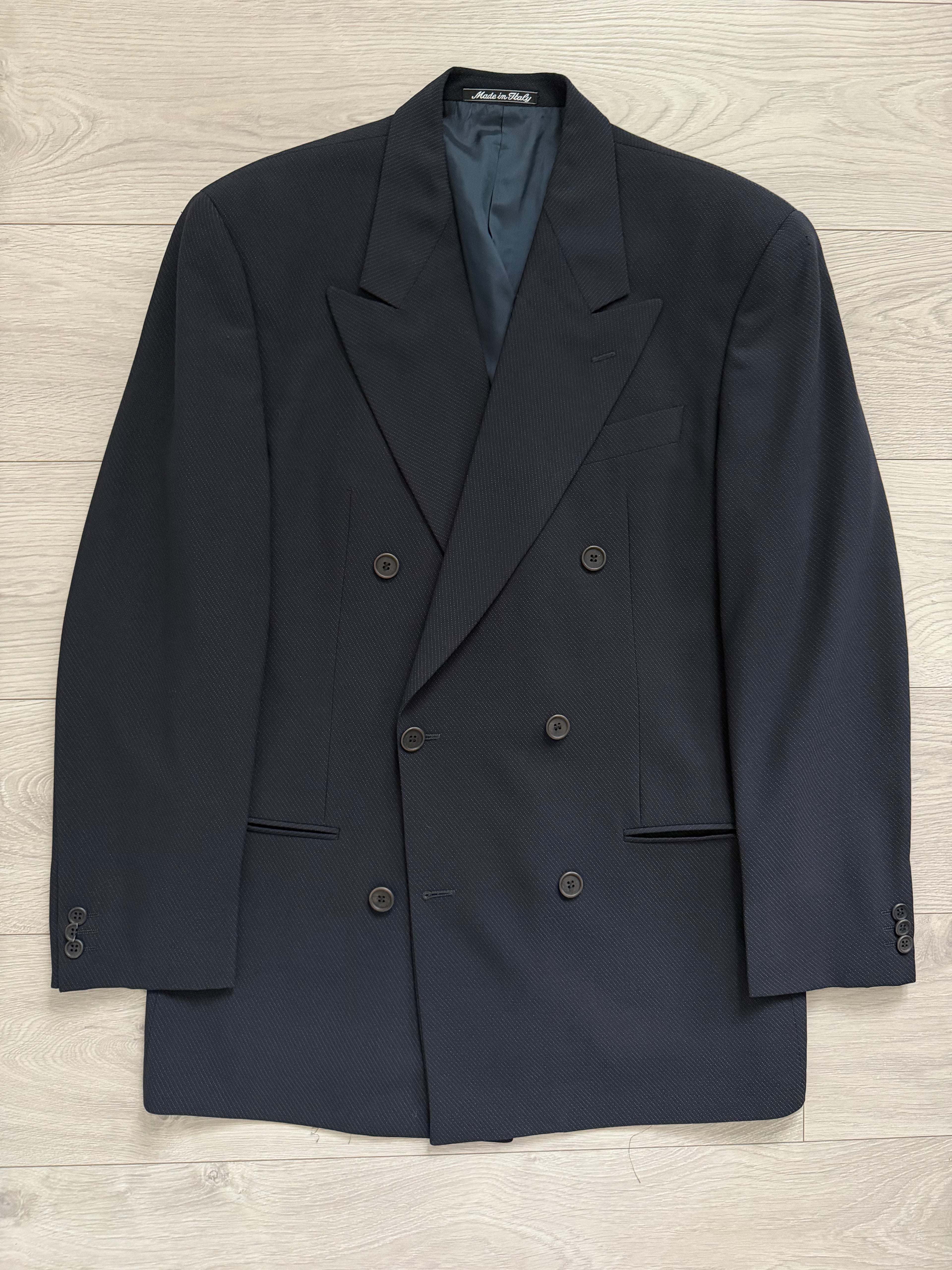 Giorgio Armani 1980s Peaked Lapel Double Breasted Double-Pleated Wool Blend Suit Navy - Size M Jacket / 31" Waist