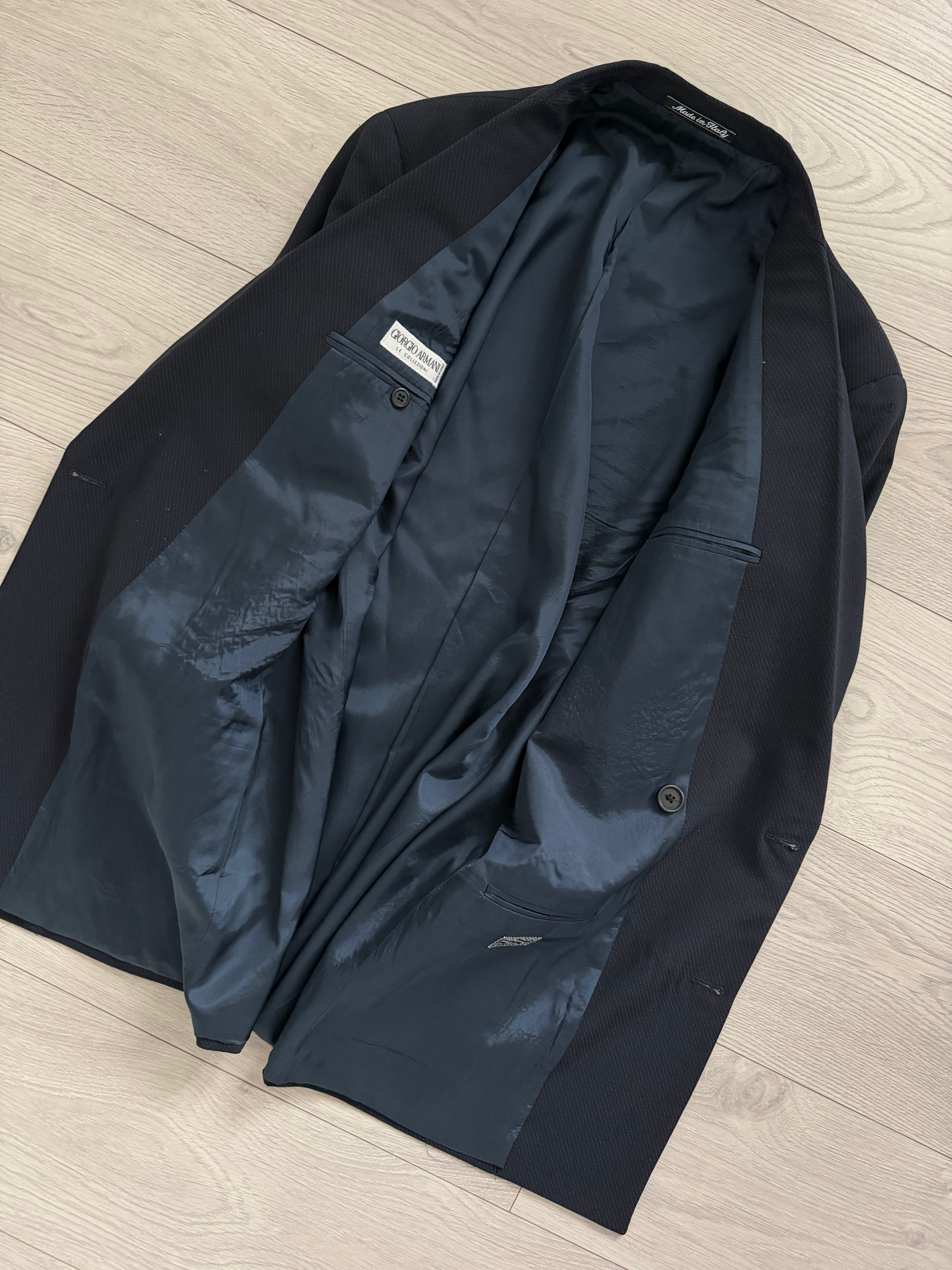 Giorgio Armani 1980s Peaked Lapel Double Breasted Double-Pleated Wool Blend Suit Navy - Size M Jacket / 31" Waist