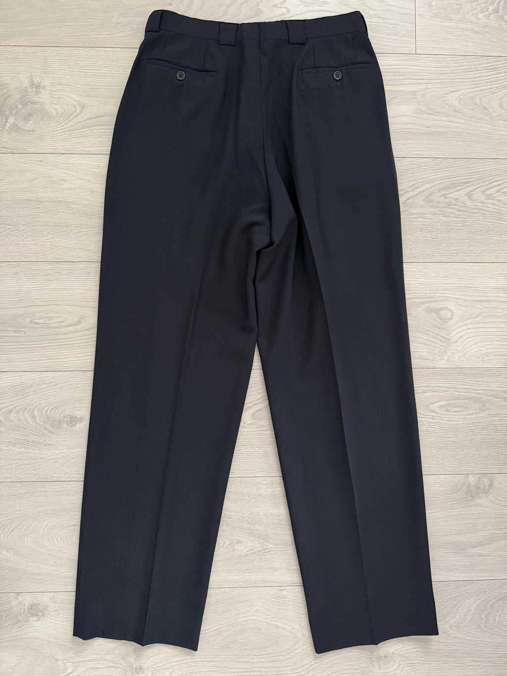 Giorgio Armani 1980s Peaked Lapel Double Breasted Double-Pleated Wool Blend Suit Navy - Size M Jacket / 31" Waist