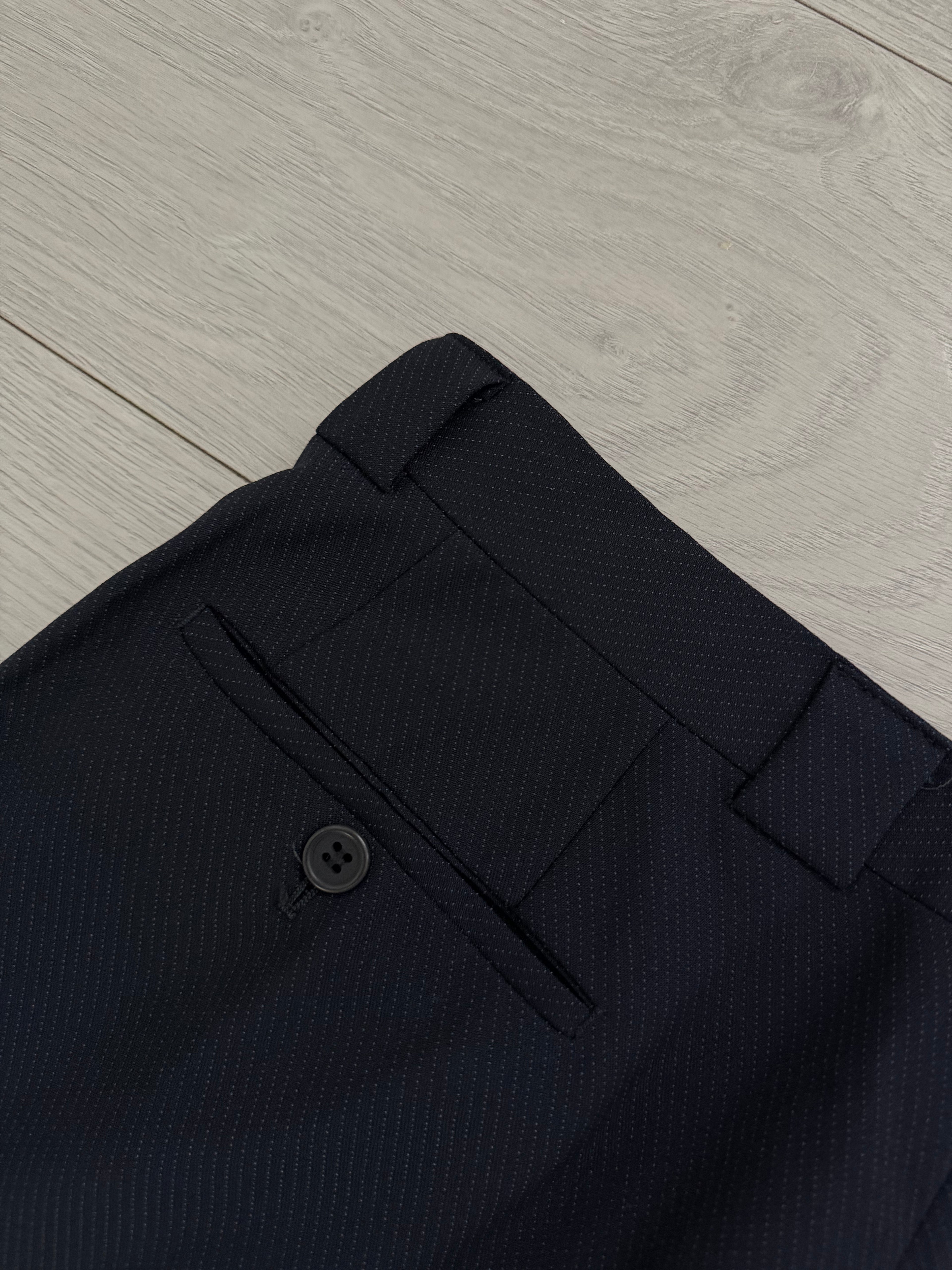 Giorgio Armani 1980s Peaked Lapel Double Breasted Double-Pleated Wool Blend Suit Navy - Size M Jacket / 31" Waist