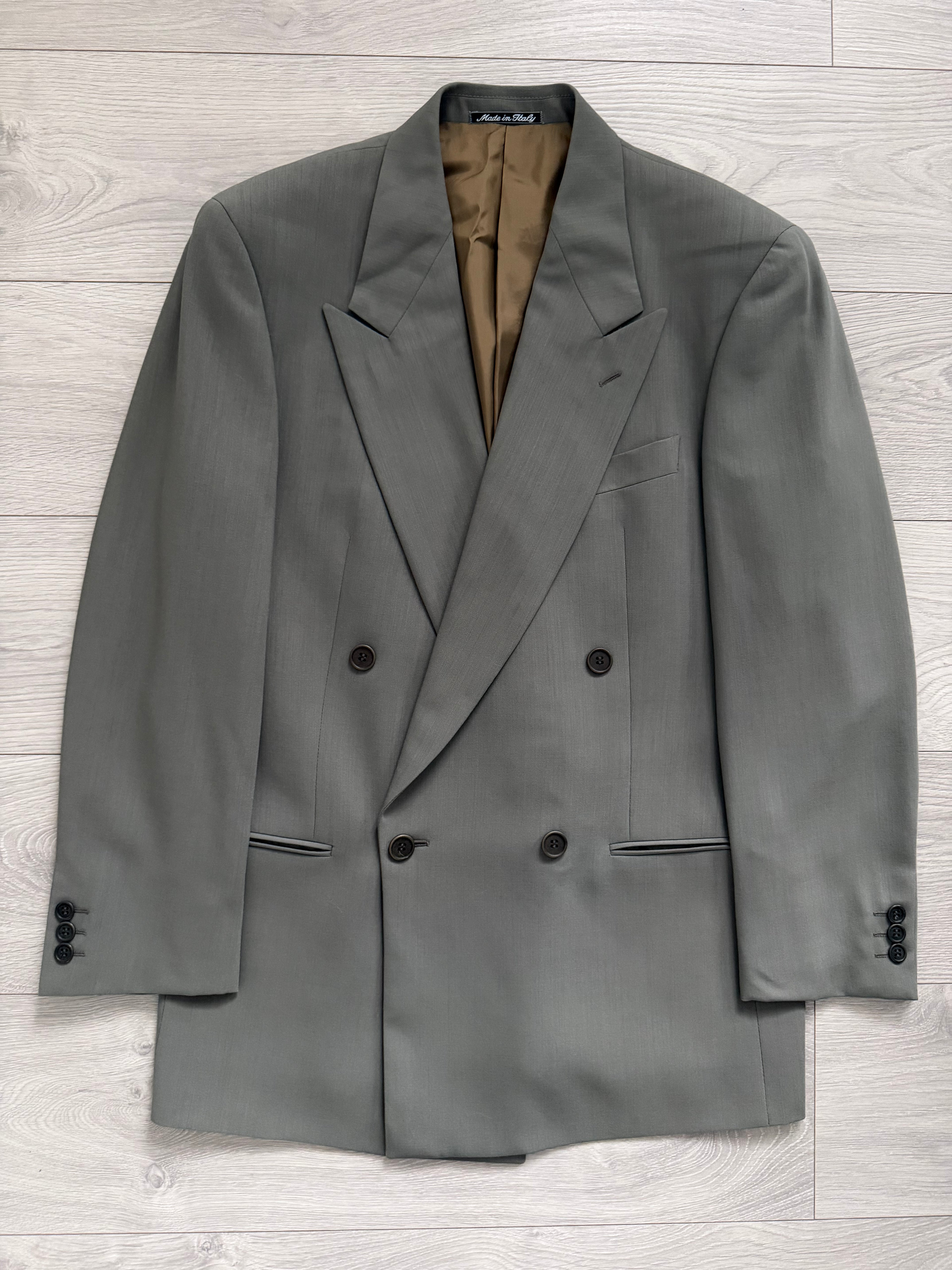 Giorgio Armani 1980s Peaked Lapel Double Breasted Double-Pleated Wool Suit Taupe Green - Size M Jacket / 32" Waist