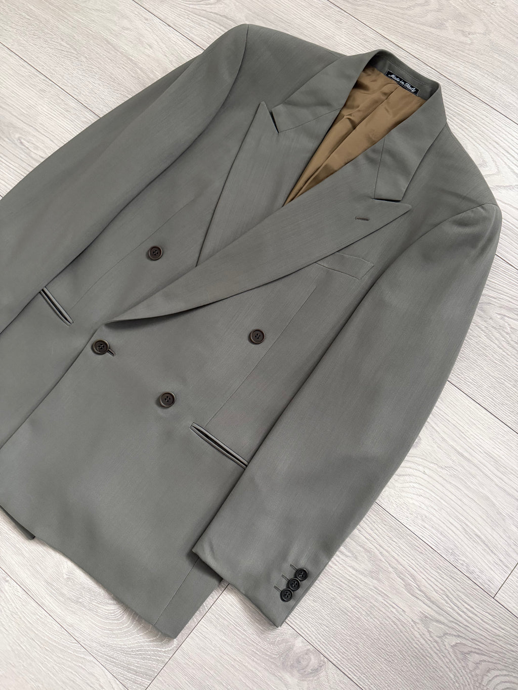 Giorgio Armani 1980s Peaked Lapel Double Breasted Double-Pleated Wool Suit Taupe Green - Size M Jacket / 32" Waist