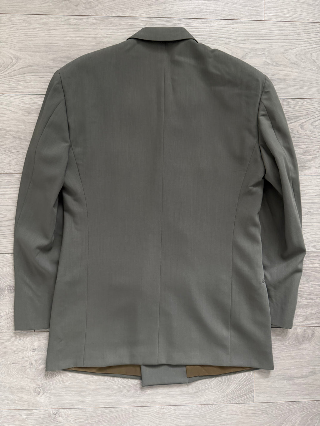 Giorgio Armani 1980s Peaked Lapel Double Breasted Double-Pleated Wool Suit Taupe Green - Size M Jacket / 32" Waist