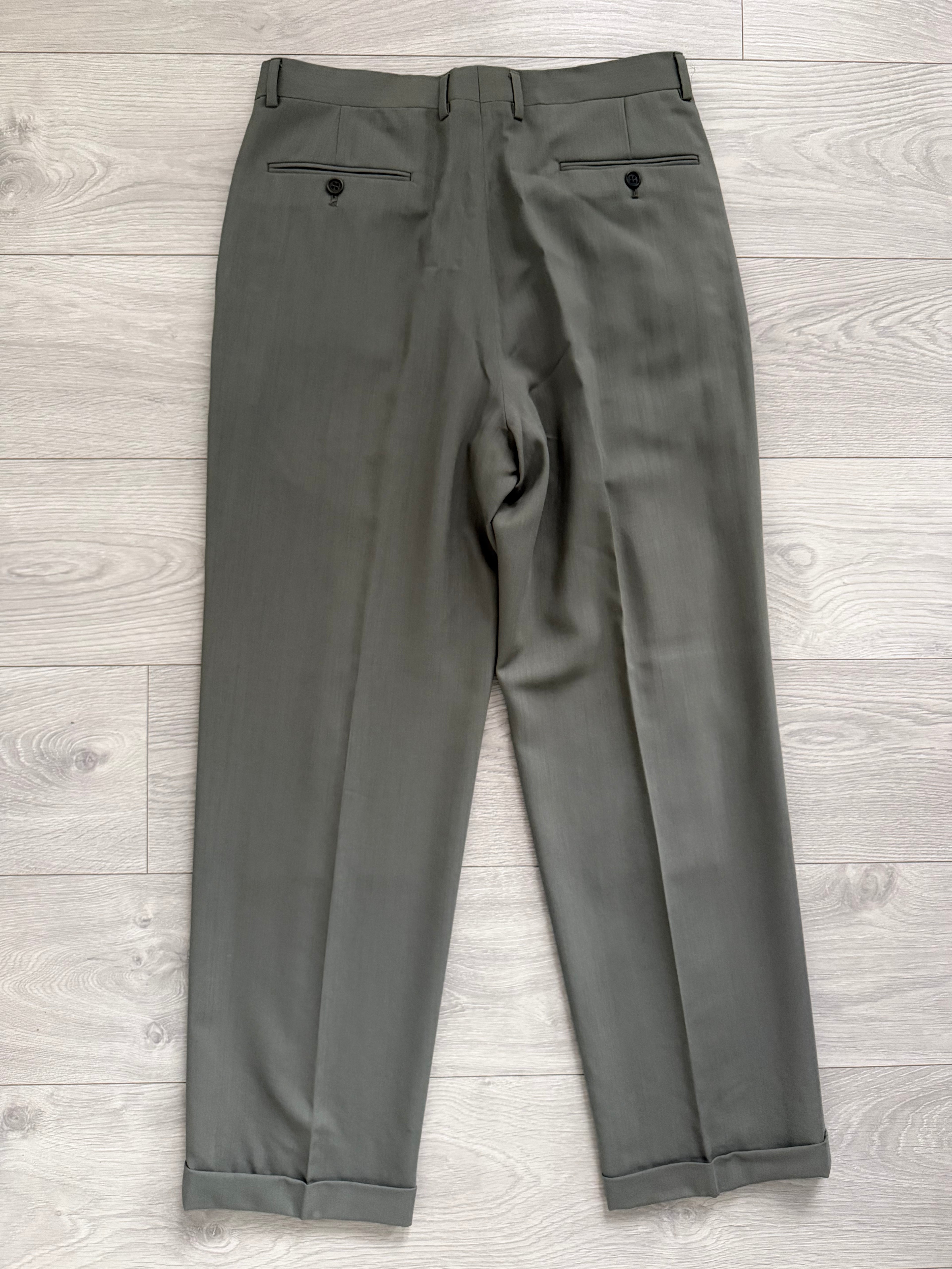 Giorgio Armani 1980s Peaked Lapel Double Breasted Double-Pleated Wool Suit Taupe Green - Size M Jacket / 32" Waist