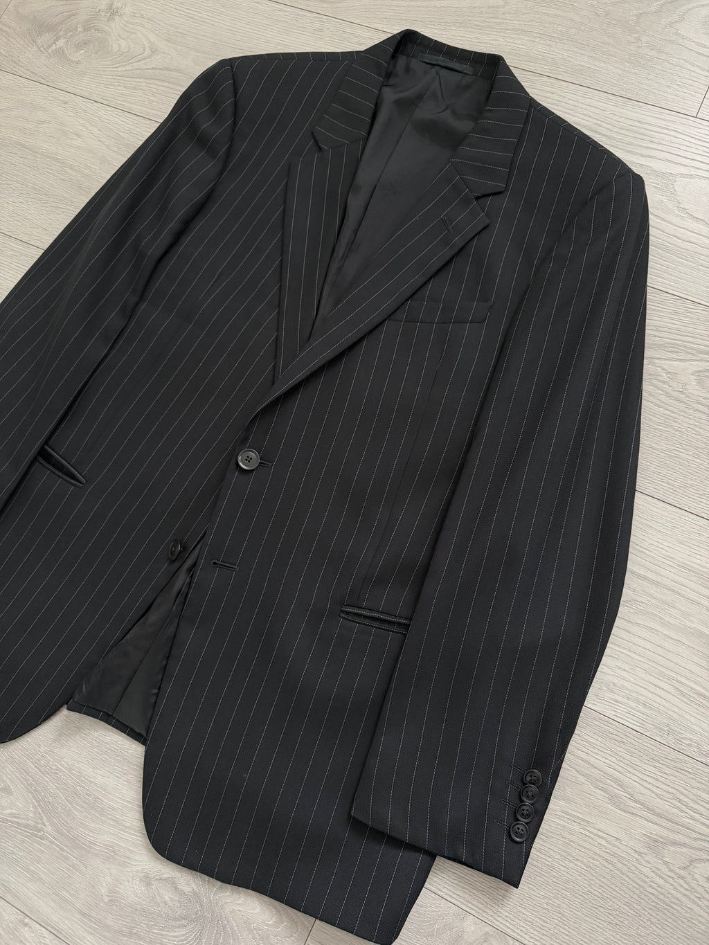 Armani 1990s Wool 2B Black Pinstripe Suit - Size XL Jacket / 36" Waist