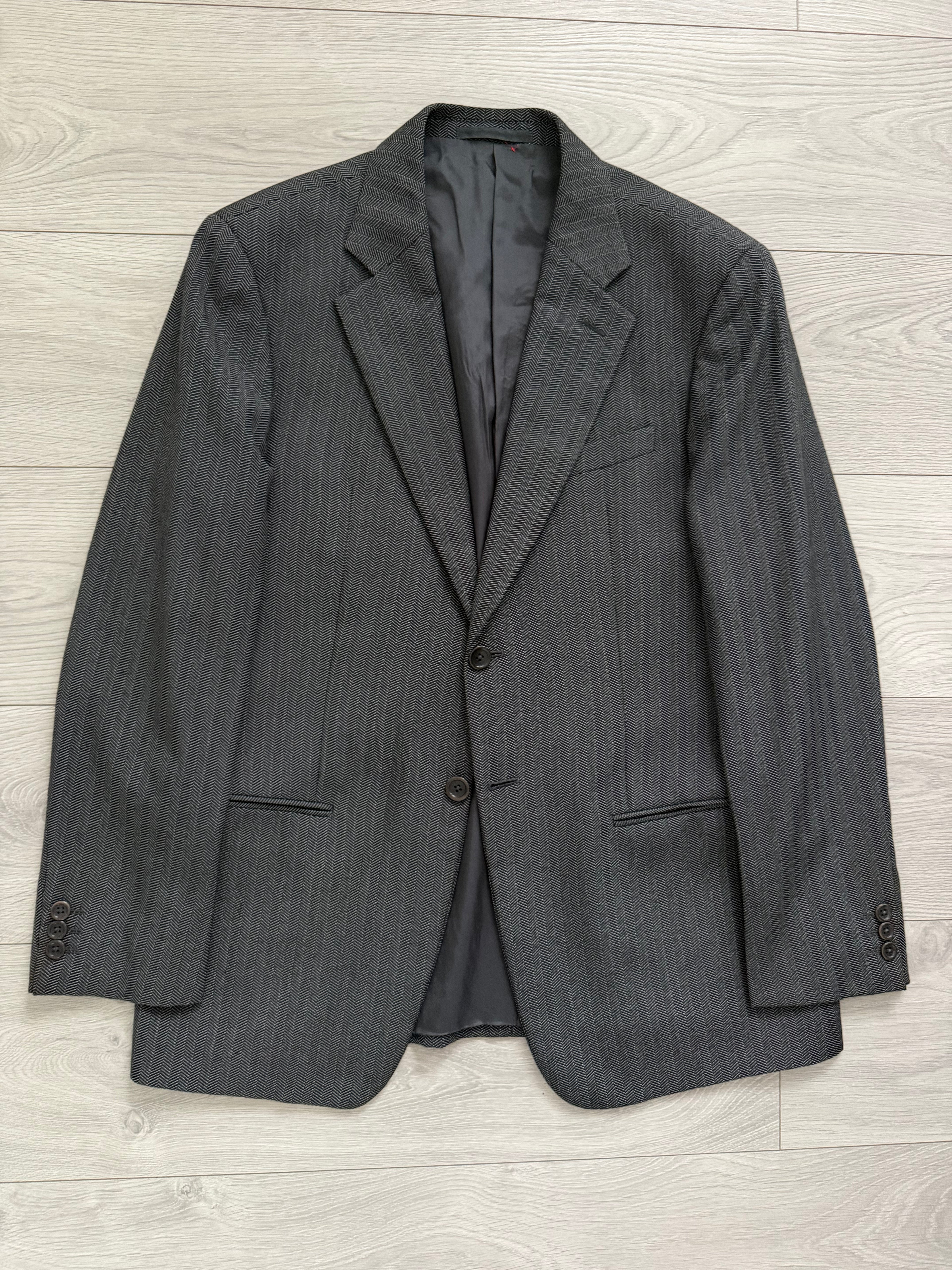 Armani 1990s Wool Silk 2B Grey Herringbone 3 Piece Suit - Size M Jacket / 32" Waist