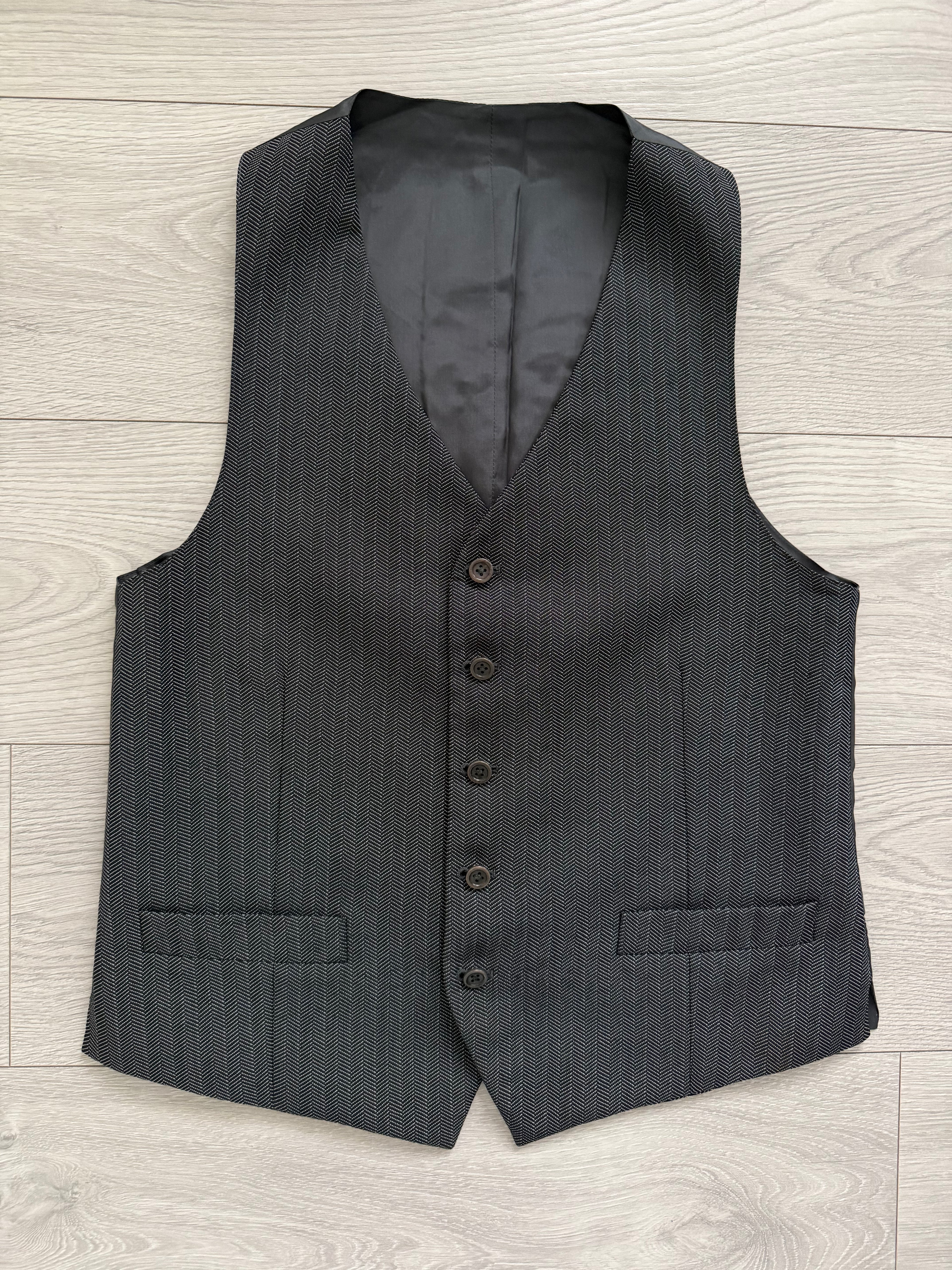 Armani 1990s Wool Silk 2B Grey Herringbone 3 Piece Suit - Size M Jacket / 32" Waist