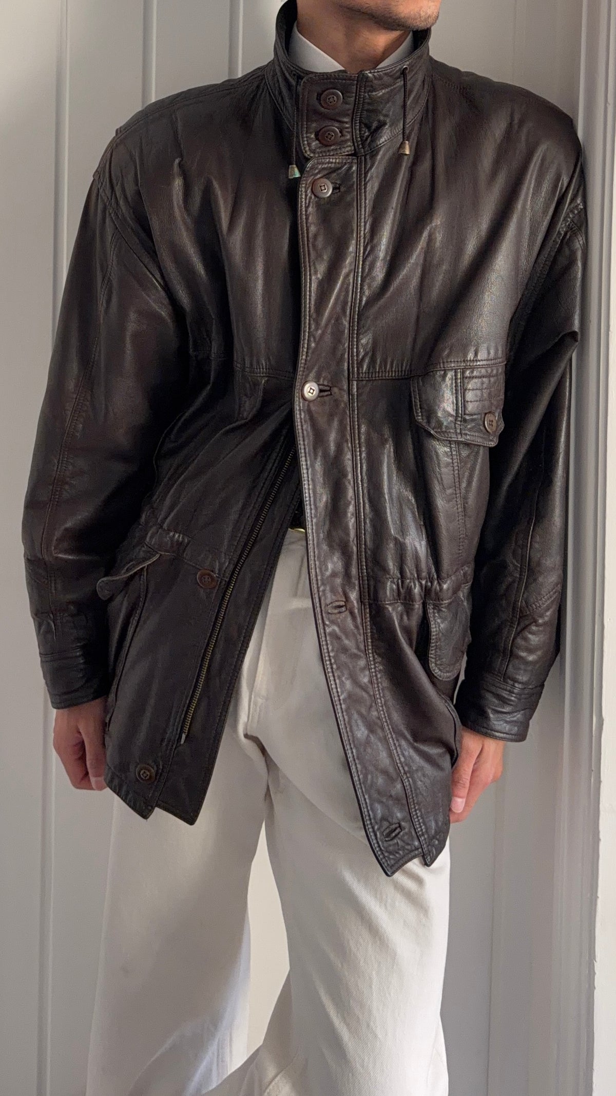 Hugo Boss 1980s Leather Military Field Jacket - Size L