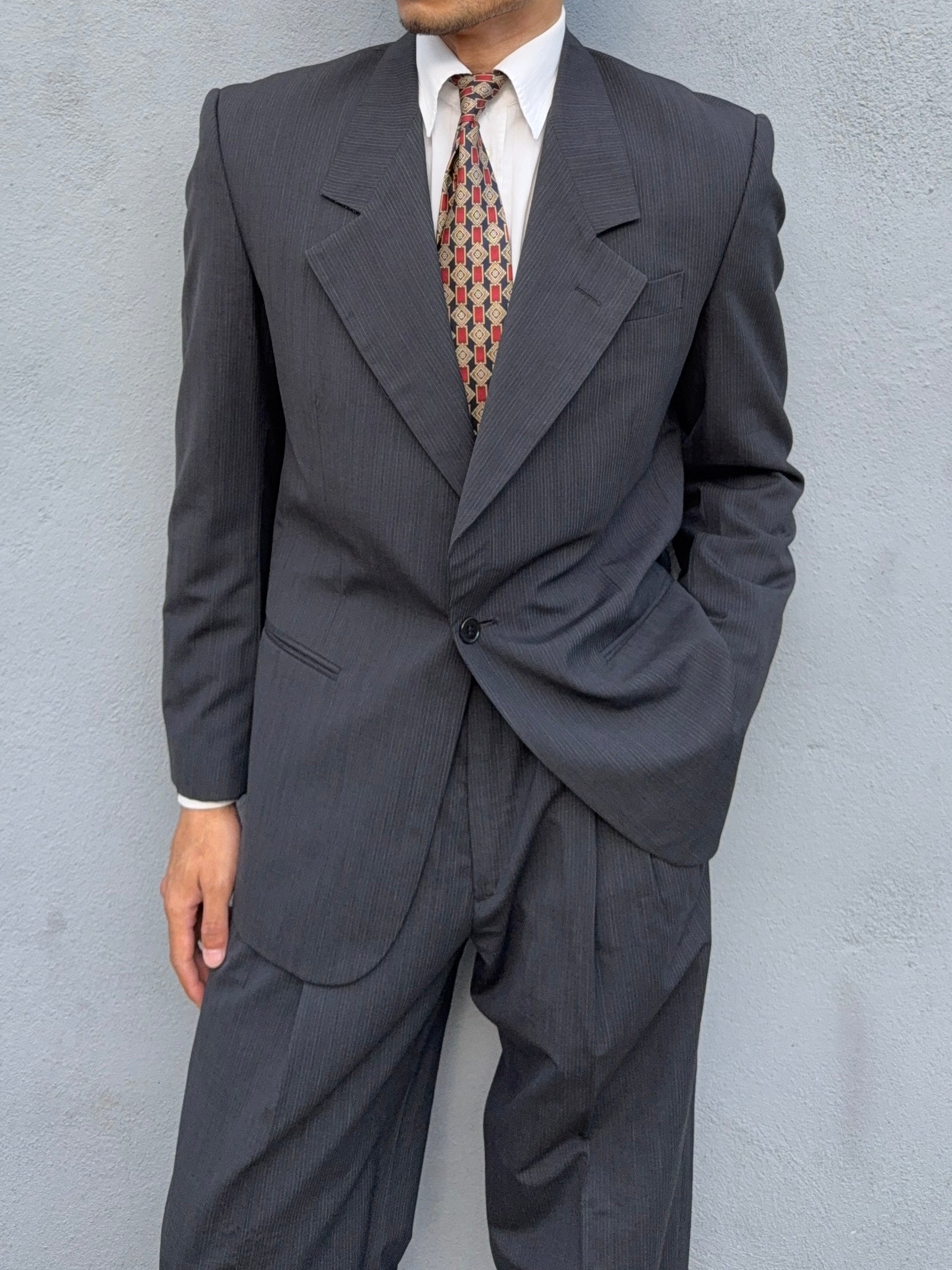 Basile 1980s 1B Asymmetrical Pleated Wool Grey Suit - Size S Jacket / 30" Waist