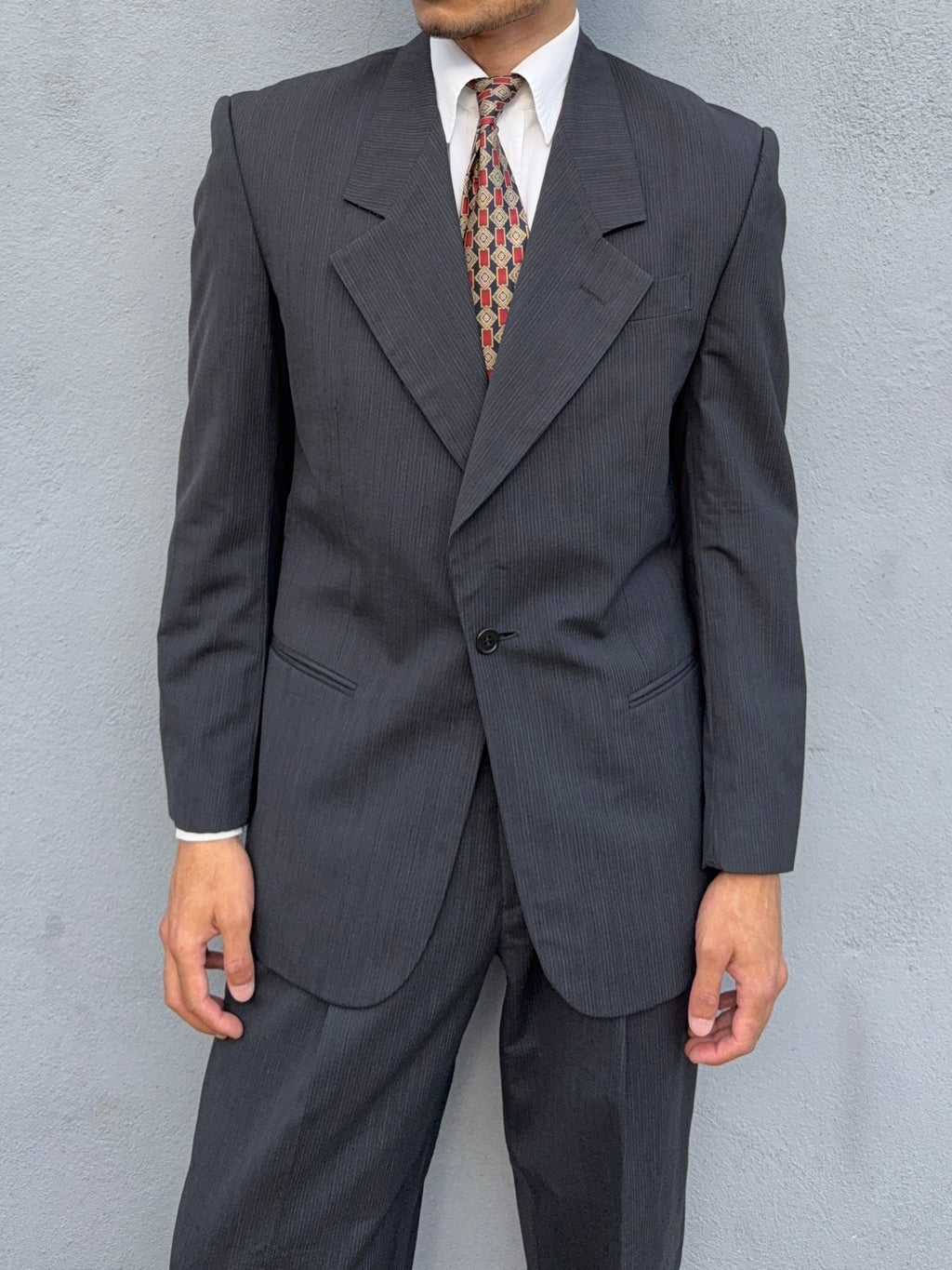 Basile 1980s 1B Asymmetrical Pleated Wool Grey Suit - Size S Jacket / 30" Waist