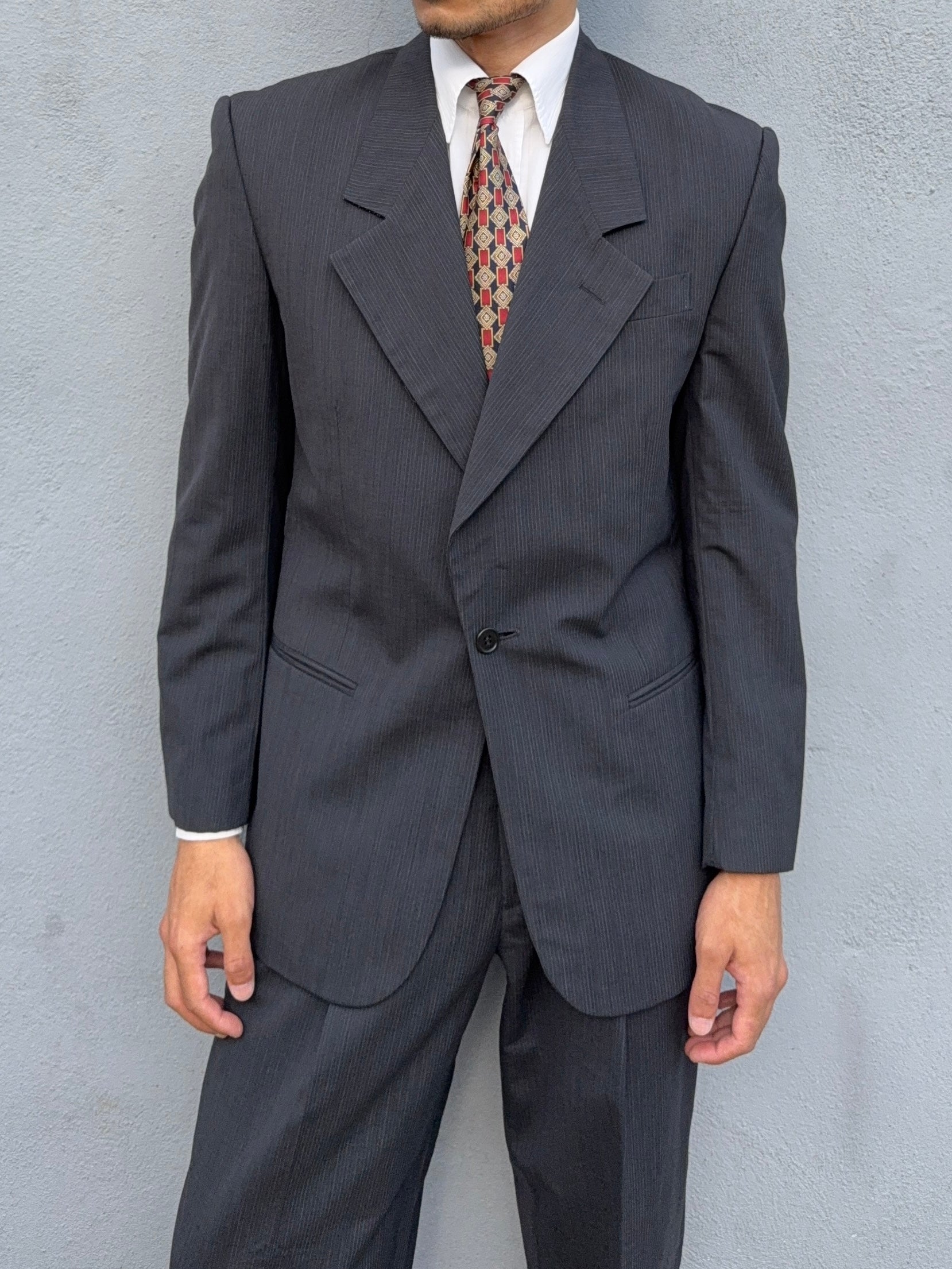 Basile 1980s 1B Asymmetrical Pleated Wool Grey Suit - Size S Jacket / 30" Waist