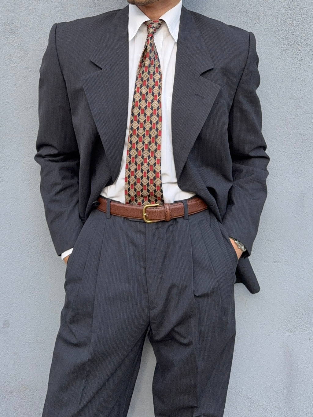 Basile 1980s 1B Asymmetrical Pleated Wool Grey Suit - Size S Jacket / 30" Waist