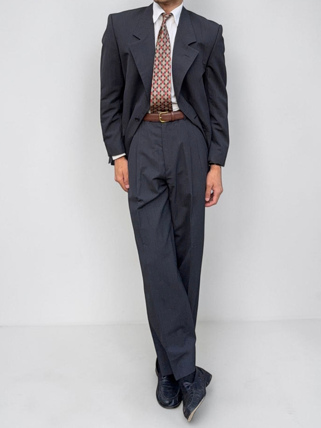 Basile 1980s 1B Asymmetrical Pleated Wool Grey Suit - Size S Jacket / 30" Waist