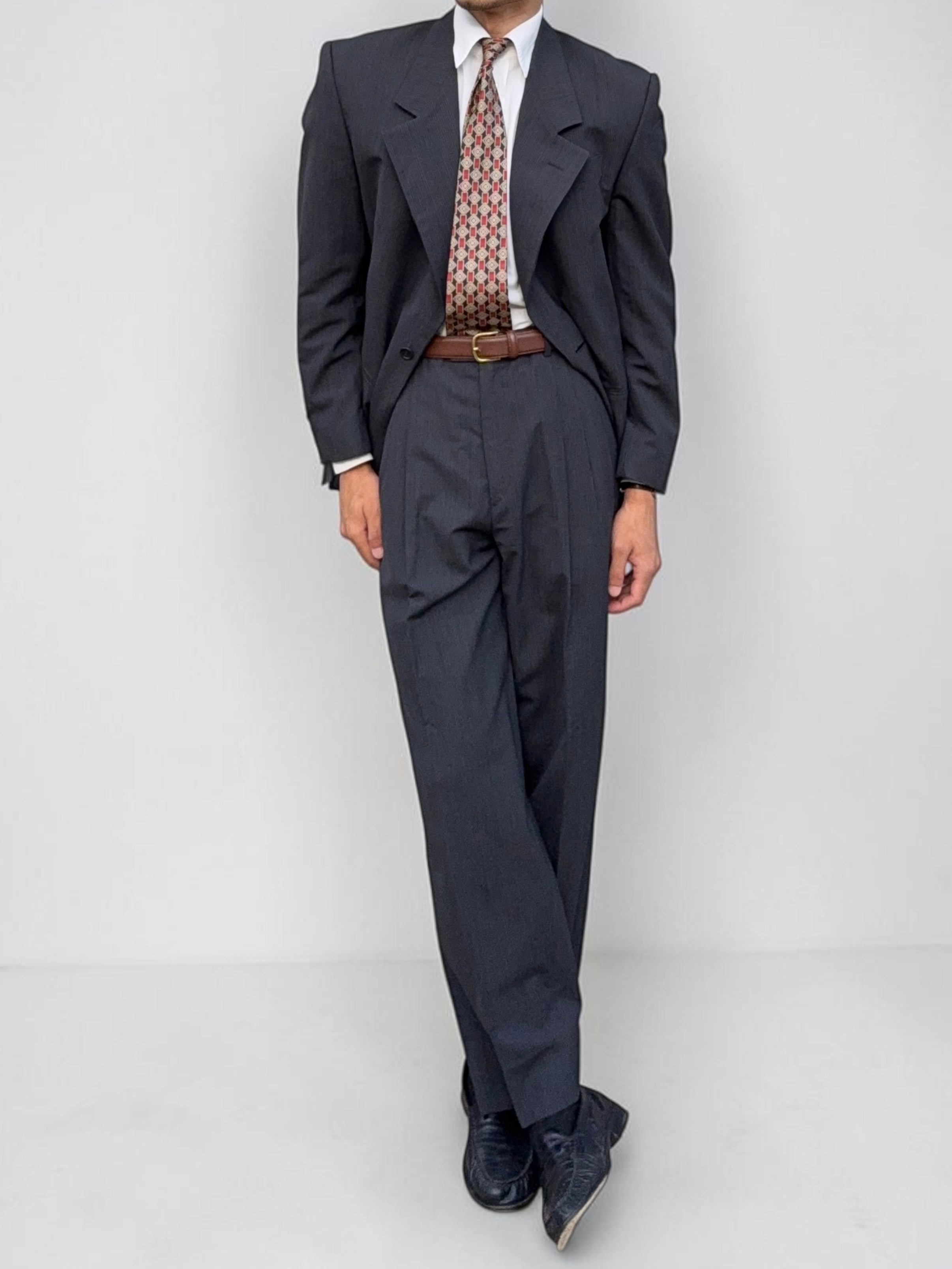 Basile 1980s 1B Asymmetrical Pleated Wool Grey Suit - Size S Jacket / 30" Waist