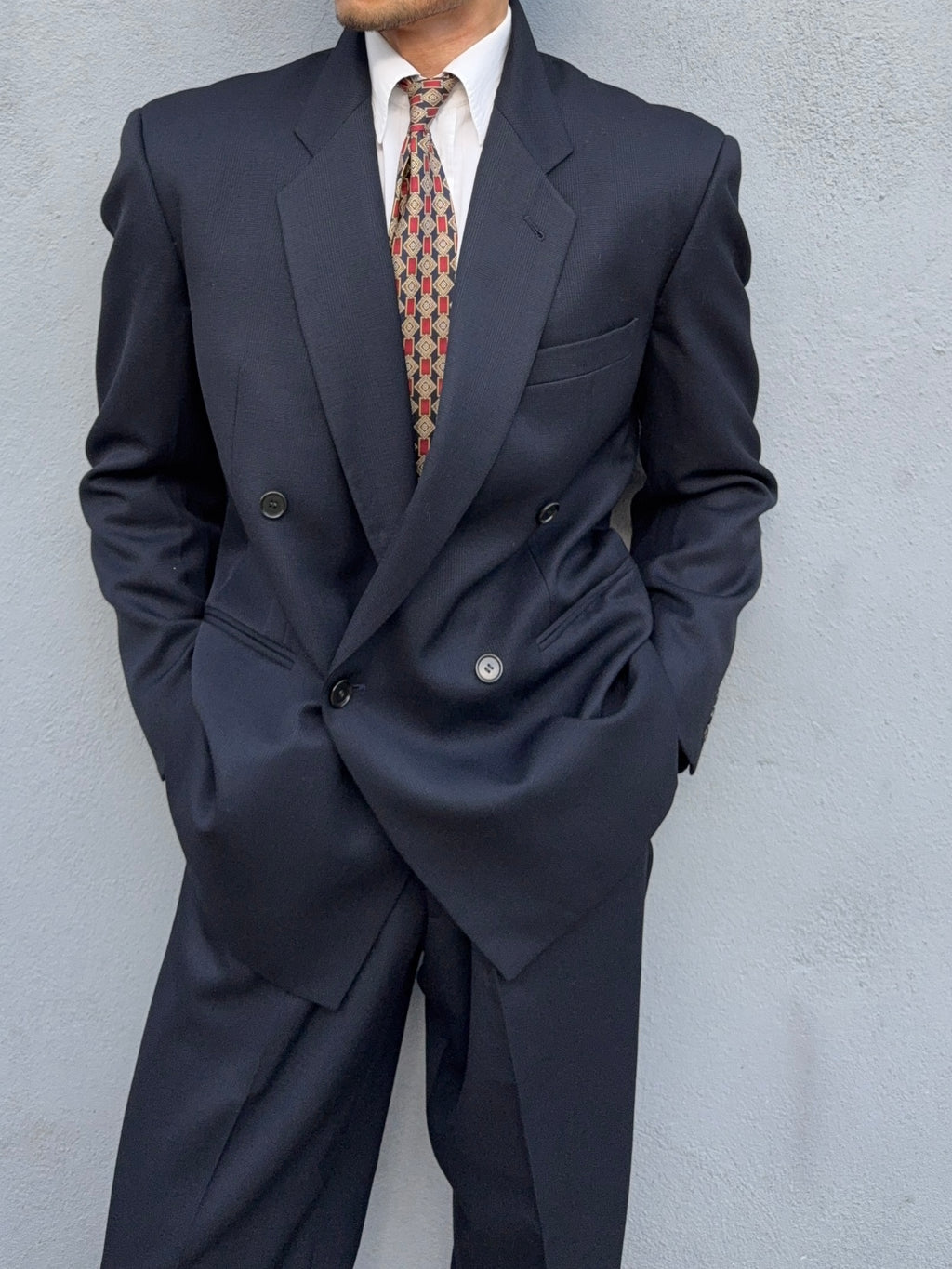 Krizia Armani 1990s Peaked Lapel Double Breasted Pleated Wool Suit Navy - Size M Jacket / 31" Waist