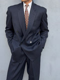 Krizia Armani 1990s Peaked Lapel Double Breasted Pleated Wool Suit Navy - Size M Jacket / 31" Waist