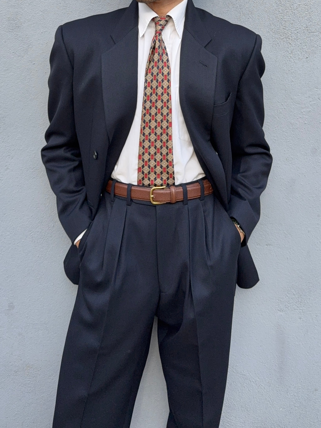 Krizia Armani 1990s Peaked Lapel Double Breasted Pleated Wool Suit Navy - Size M Jacket / 31" Waist
