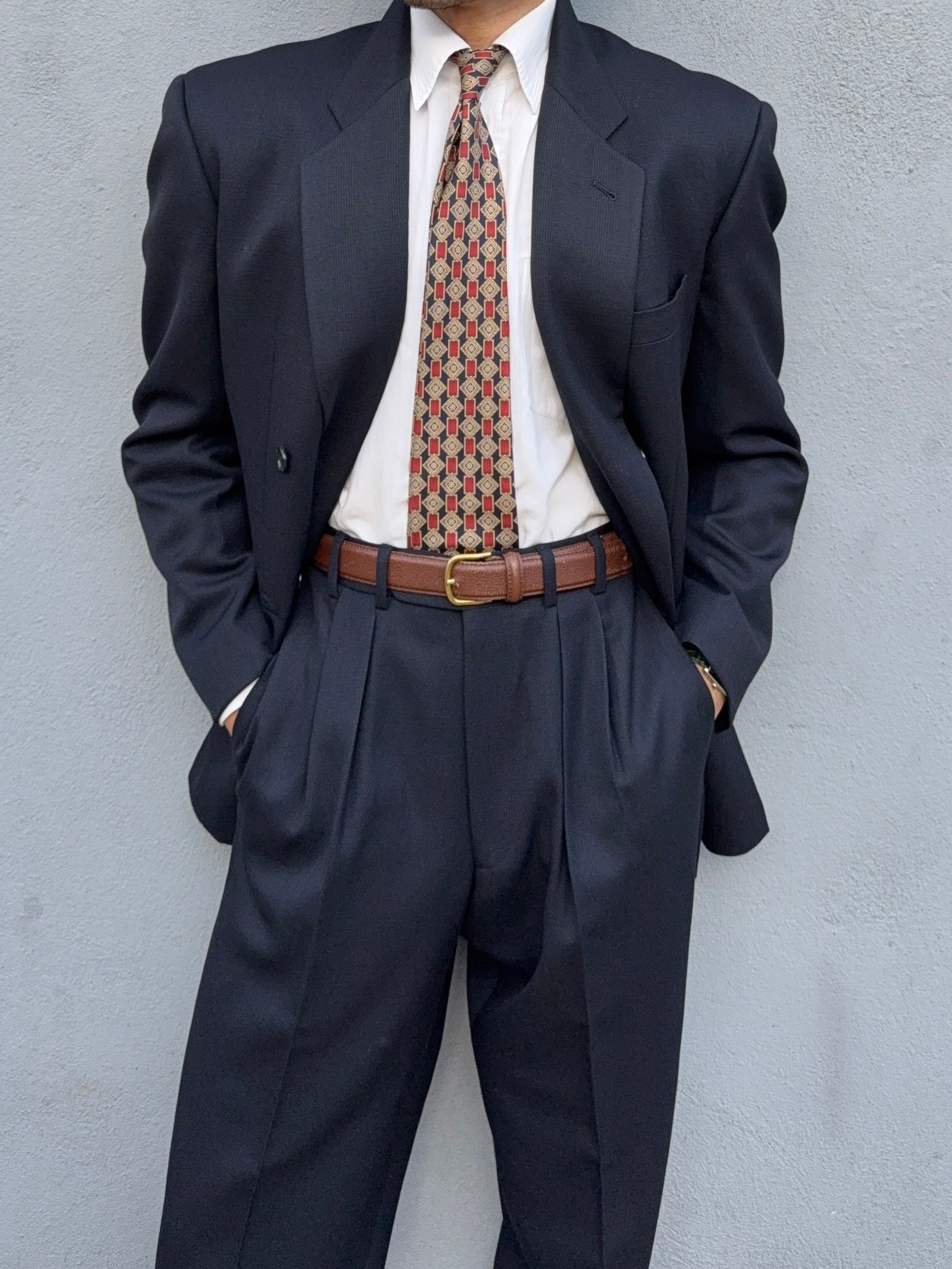 Krizia Armani 1990s Peaked Lapel Double Breasted Pleated Wool Suit Navy - Size M Jacket / 31" Waist