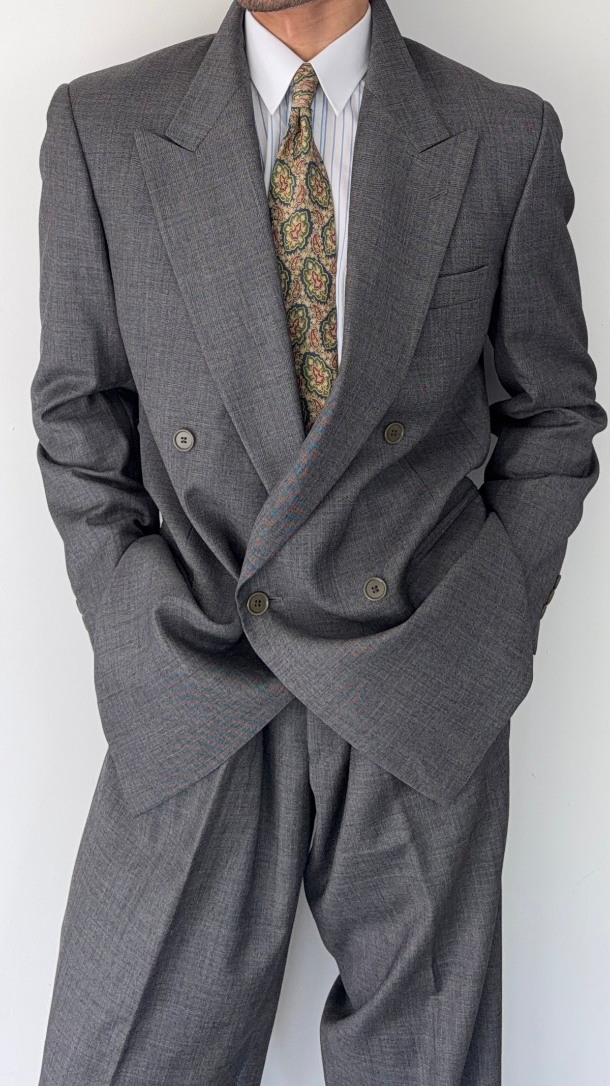 Emporio Armani 1990s Peaked Lapel Double Breasted Double-Pleated Wool Suit Grey - Size M Jacket / 32" Waist