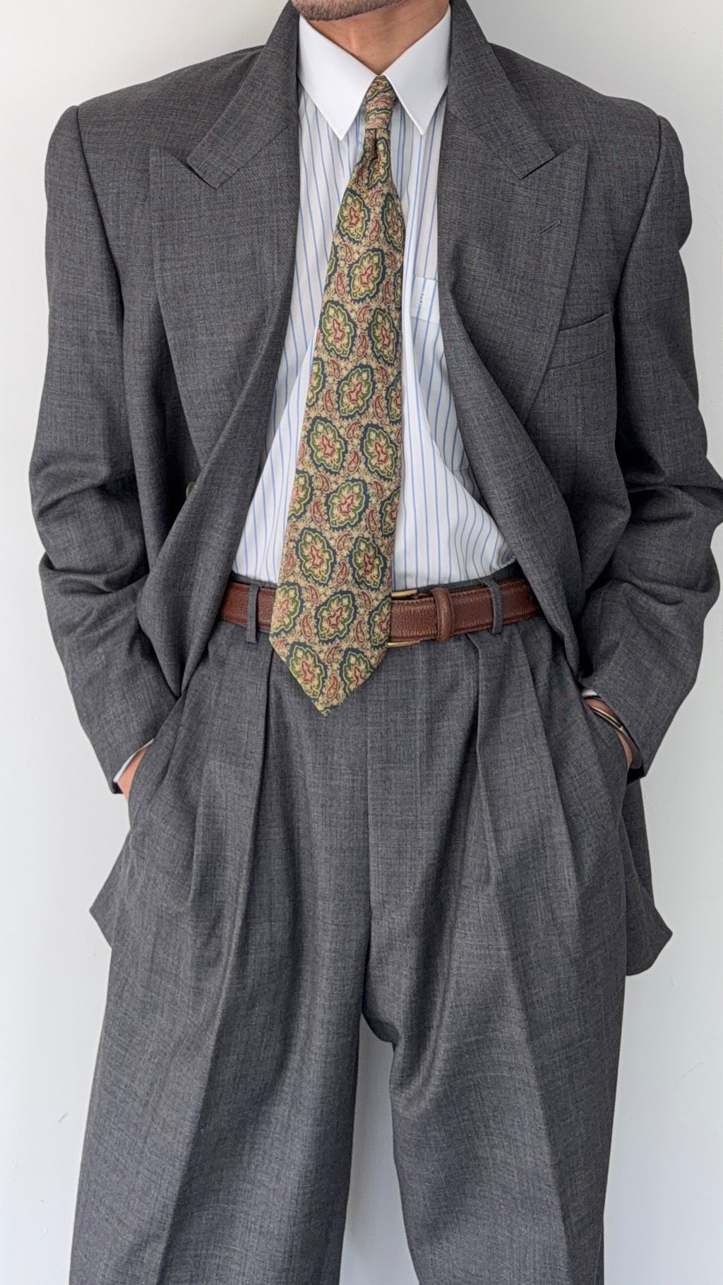 Emporio Armani 1990s Peaked Lapel Double Breasted Double-Pleated Wool Suit Grey - Size M Jacket / 32" Waist