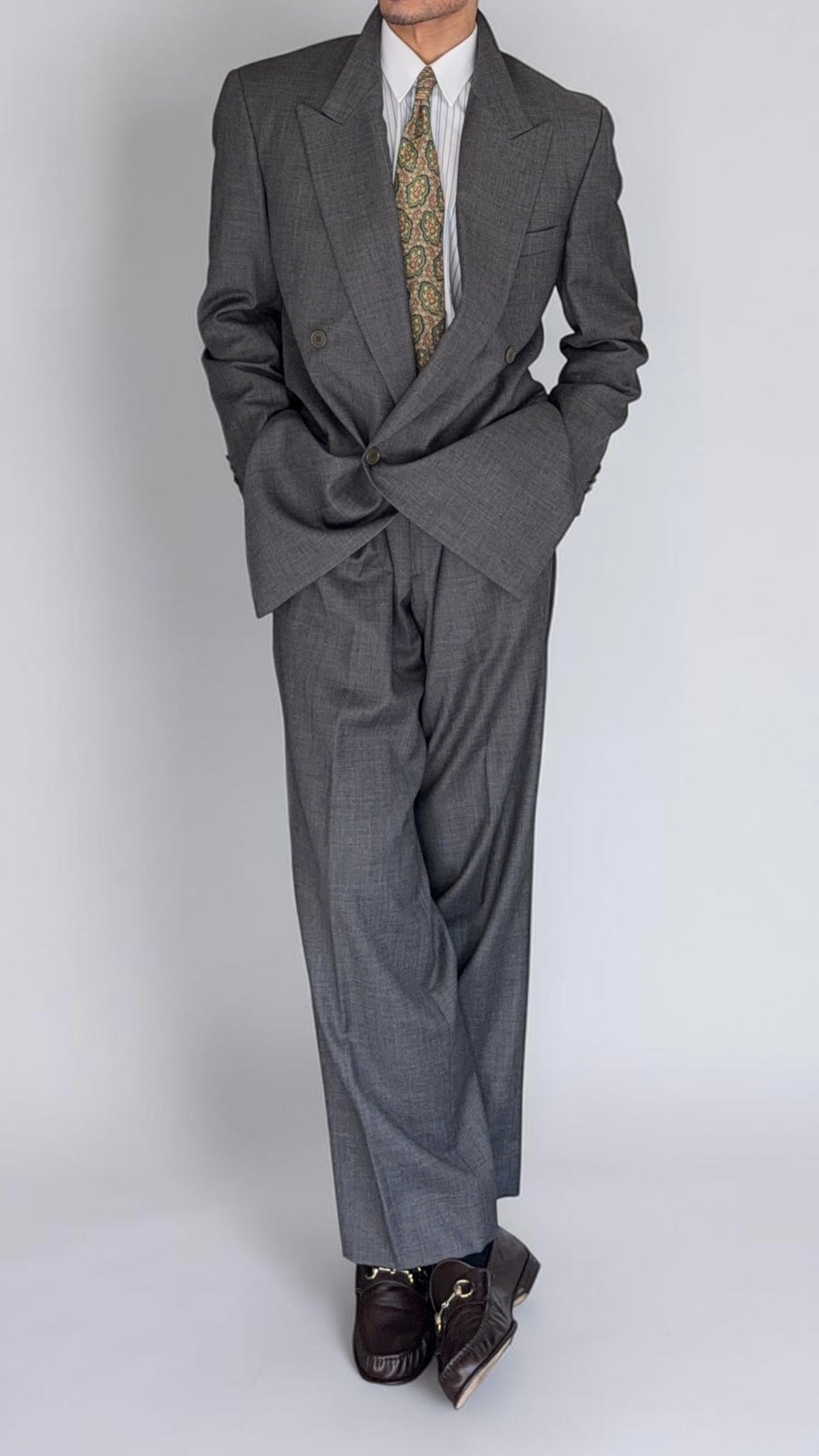 Emporio Armani 1990s Peaked Lapel Double Breasted Double-Pleated Wool Suit Grey - Size M Jacket / 32" Waist
