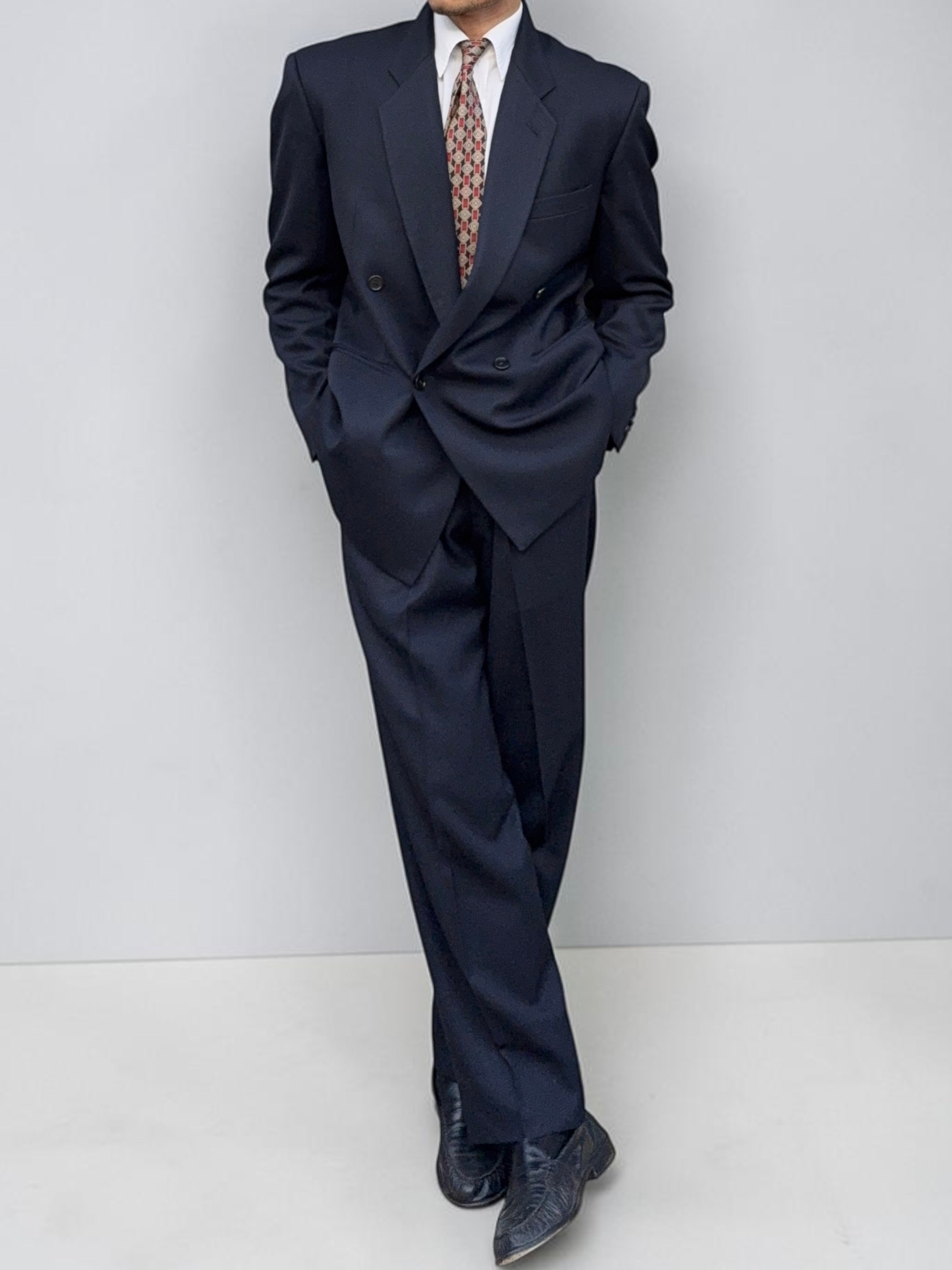 Krizia Armani 1990s Peaked Lapel Double Breasted Pleated Wool Suit Navy - Size M Jacket / 31" Waist