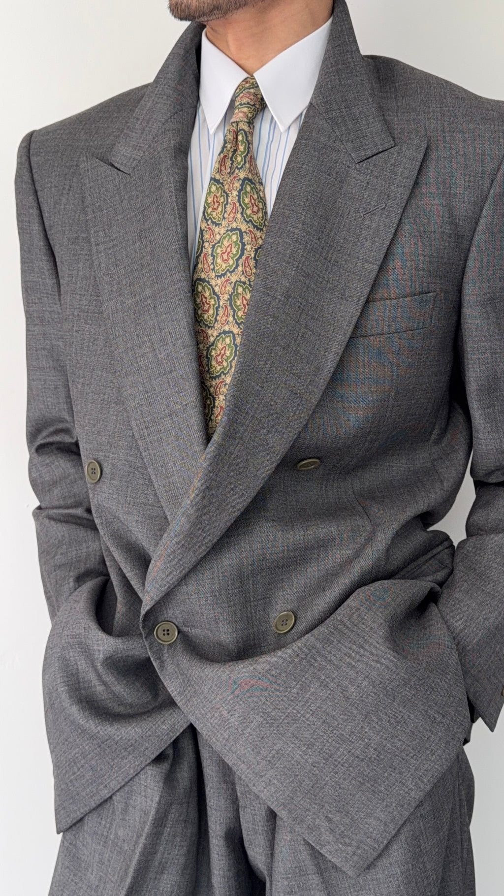 Emporio Armani 1990s Peaked Lapel Double Breasted Double-Pleated Wool Suit Grey - Size M Jacket / 32" Waist