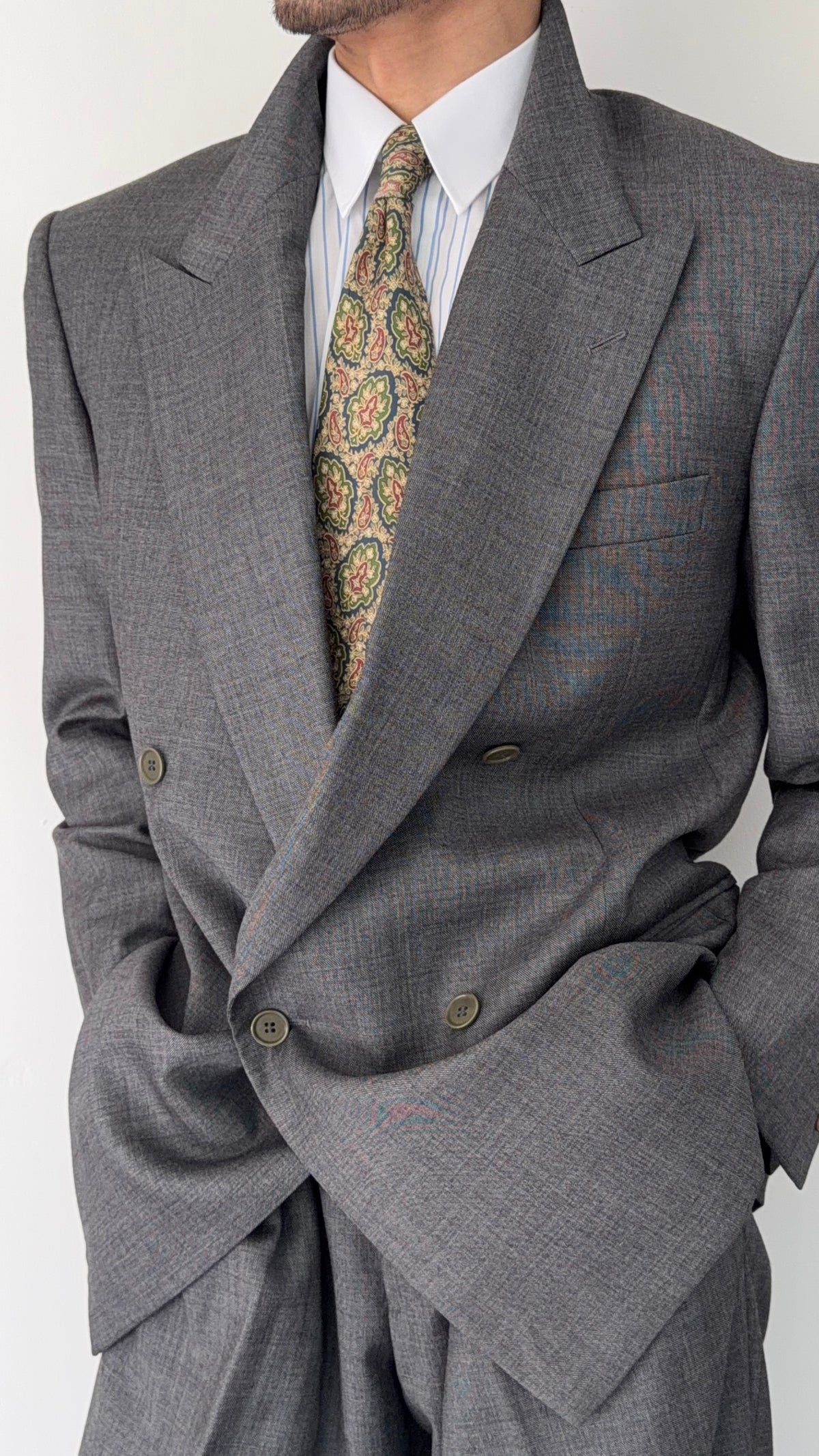 Emporio Armani 1990s Peaked Lapel Double Breasted Double-Pleated Wool Suit Grey - Size M Jacket / 32" Waist