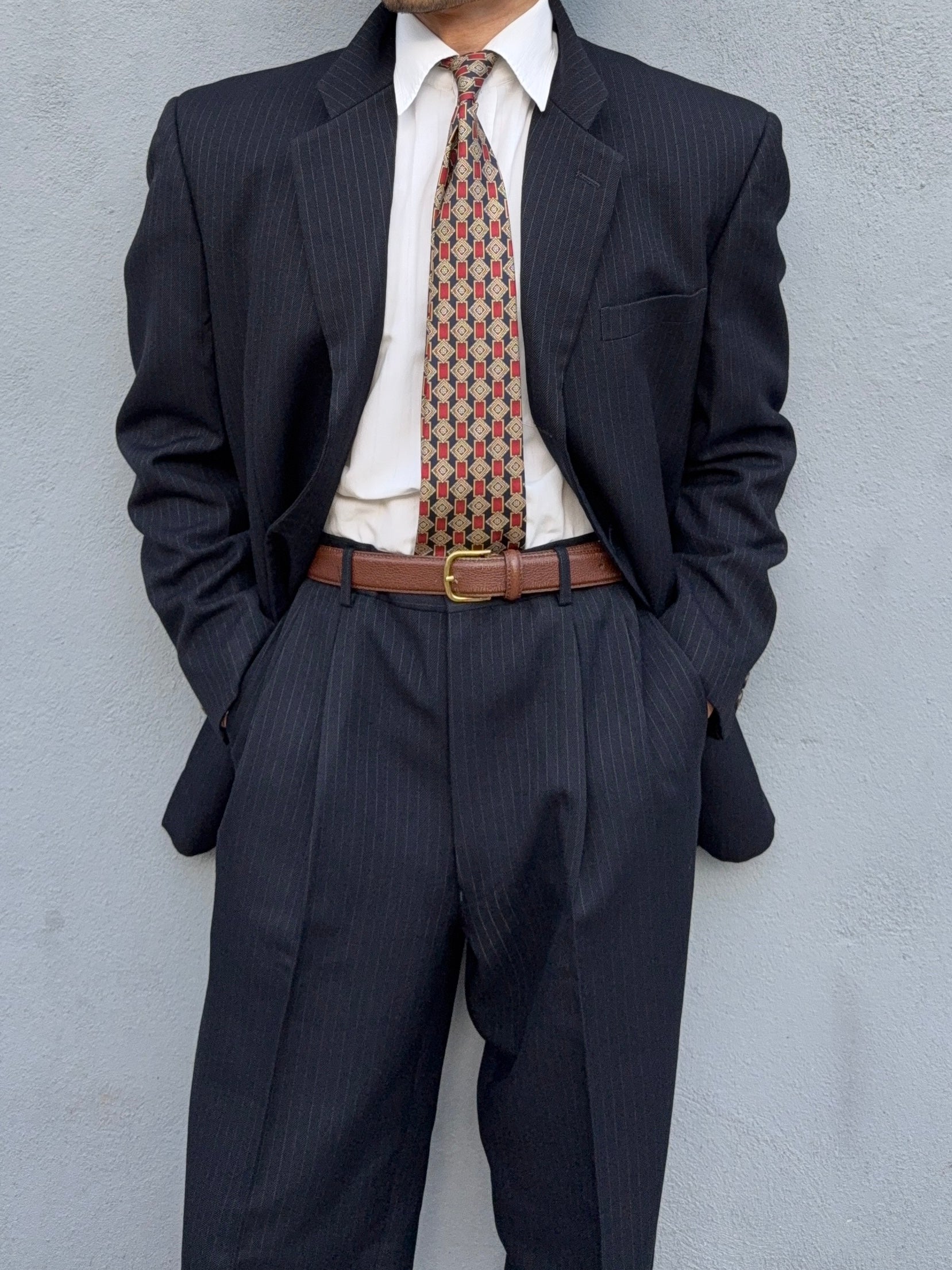 Comme Des Garcons Homme Deux 1998 3B Wool Silk Double-Pleat Pinstripe Suit - Size L Jacket / 34" Waist