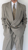 Emporio Armani 1990s Peaked Lapel Double Breasted Double-Pleated Wool Blend Suit Taupe Beige - Size L Jacket / 33" Waist