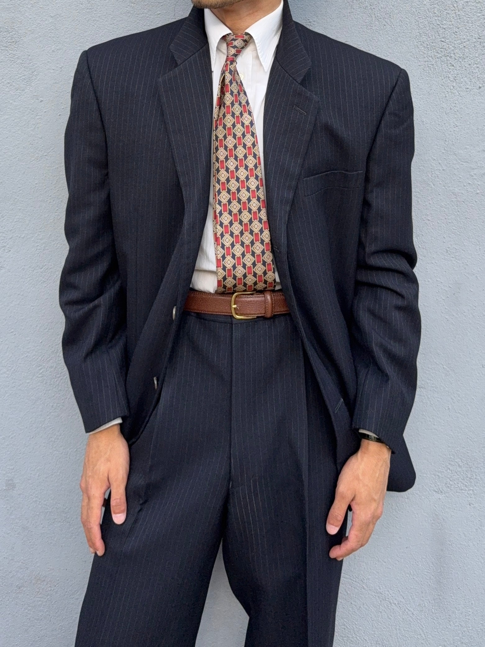 Comme Des Garcons Homme Deux 1998 3B Wool Silk Double-Pleat Pinstripe Suit - Size L Jacket / 34" Waist