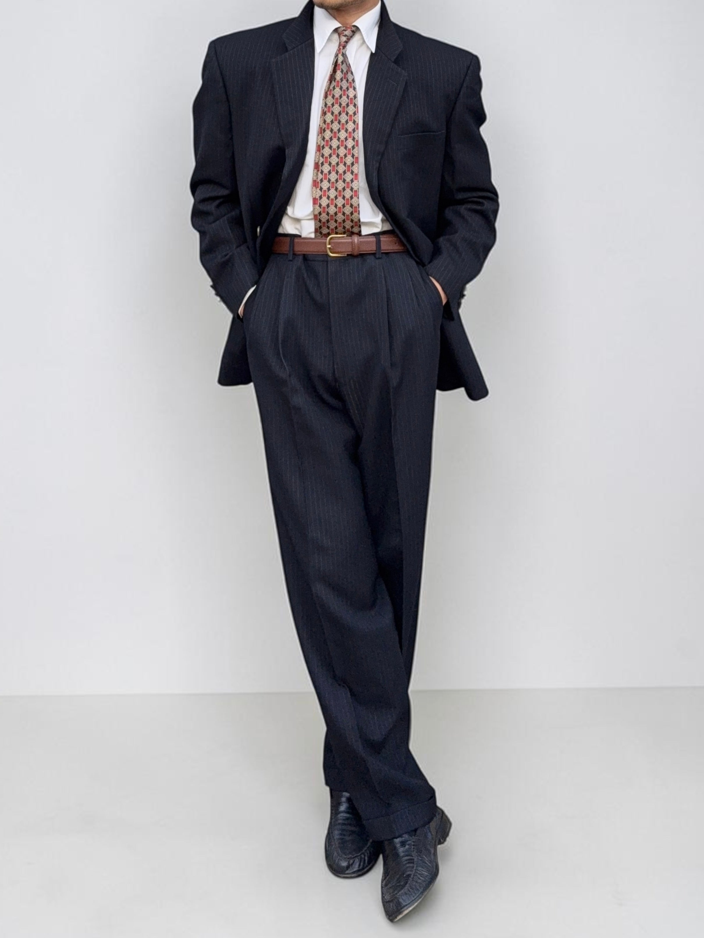 Comme Des Garcons Homme Deux 1998 3B Wool Silk Double-Pleat Pinstripe Suit - Size L Jacket / 34" Waist