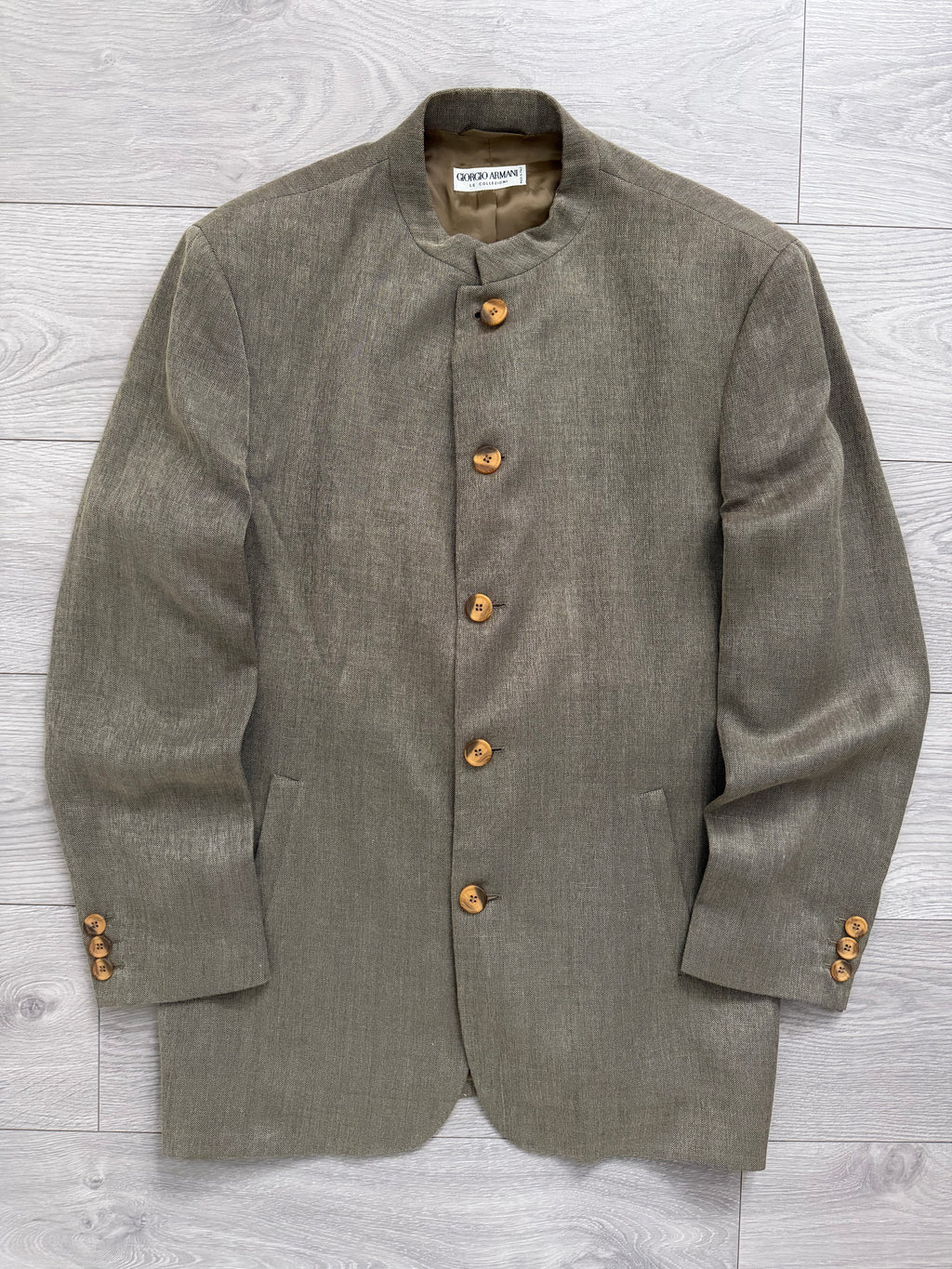 Giorgio Armani 1980s Nehru Collar Jacket Taupe Olive Brown - Size L