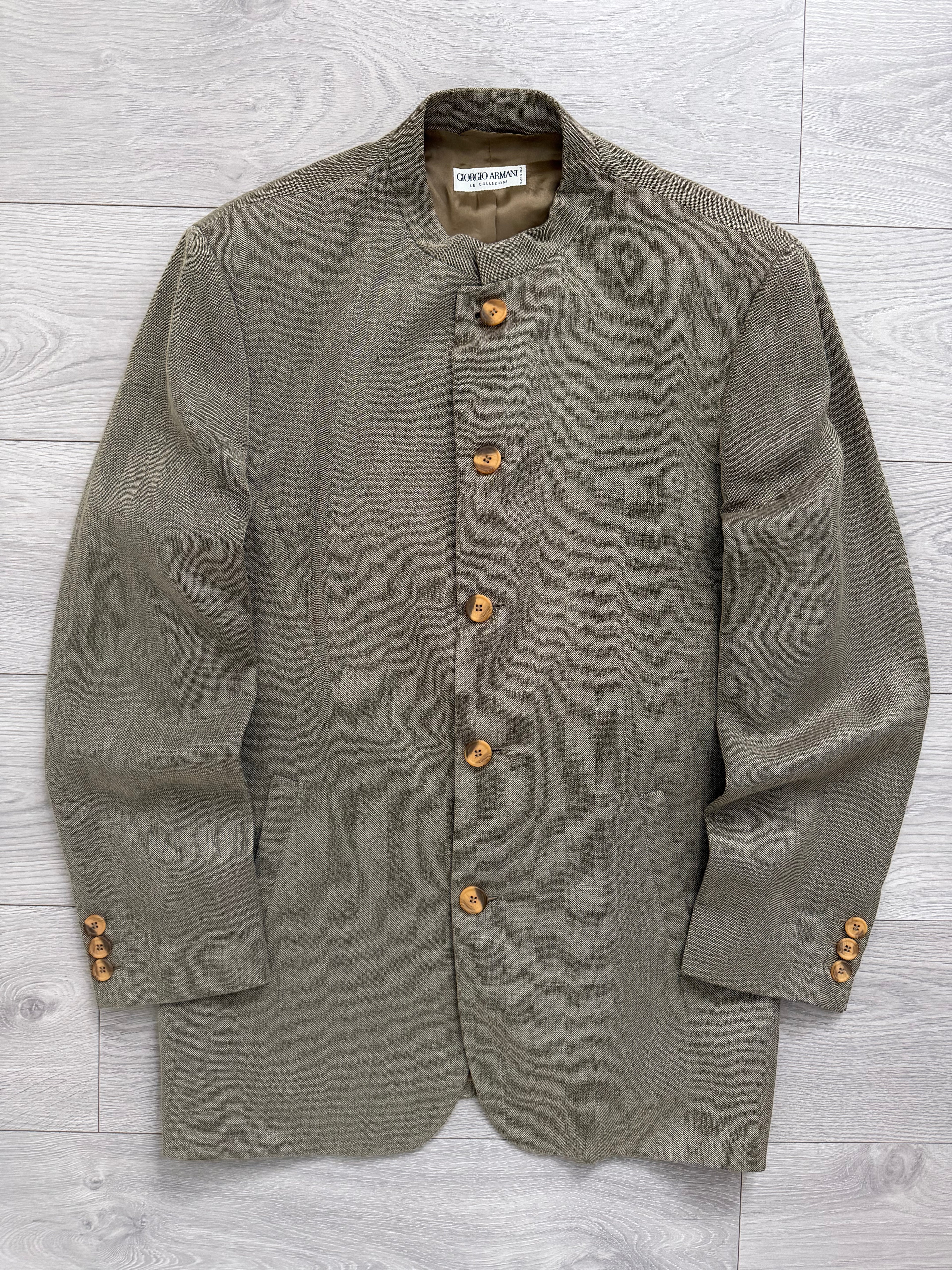 Giorgio Armani 1980s Nehru Collar Jacket Taupe Olive Brown - Size L