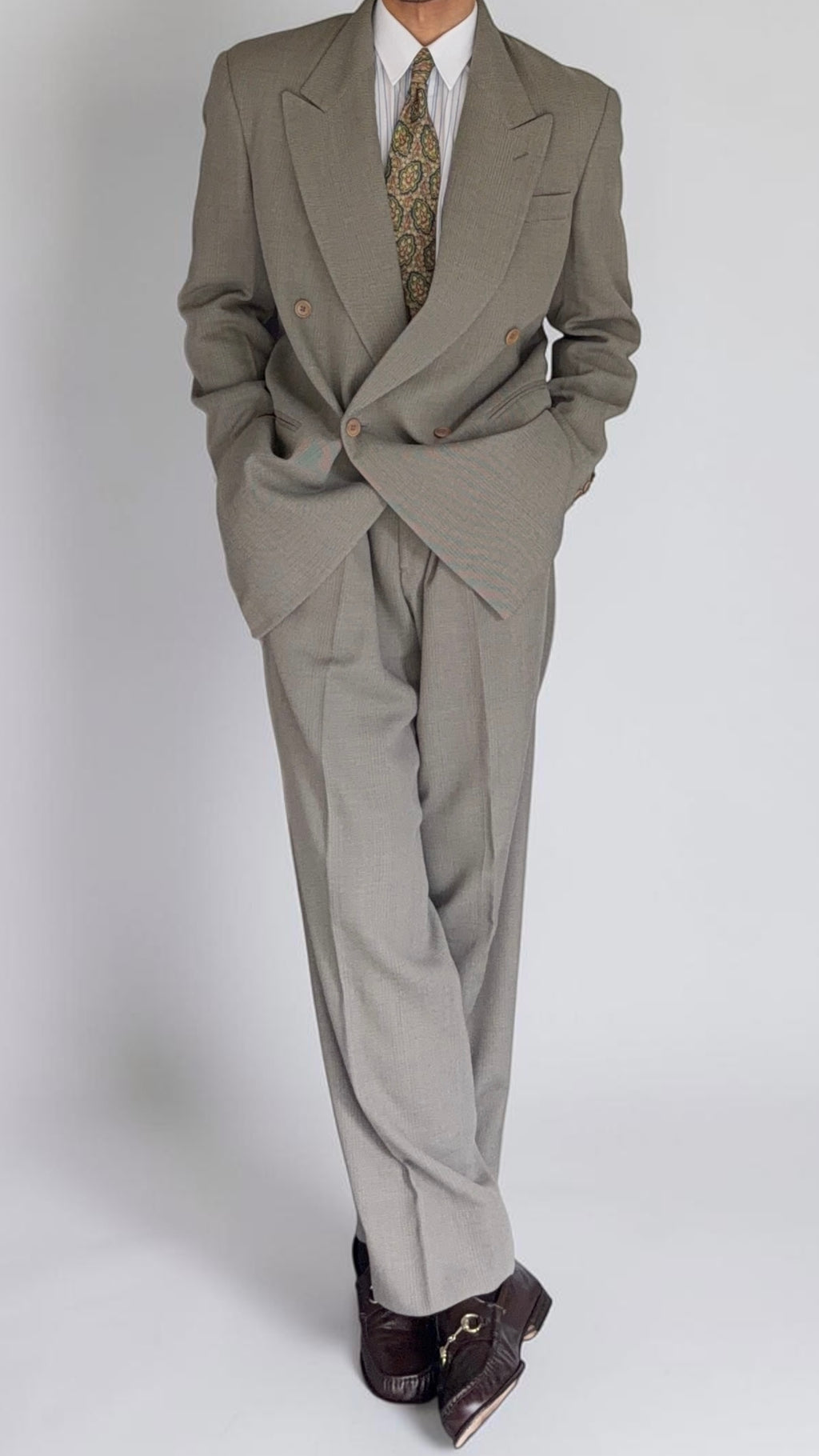 Emporio Armani 1990s Peaked Lapel Double Breasted Double-Pleated Wool Blend Suit Taupe Beige - Size L Jacket / 33" Waist