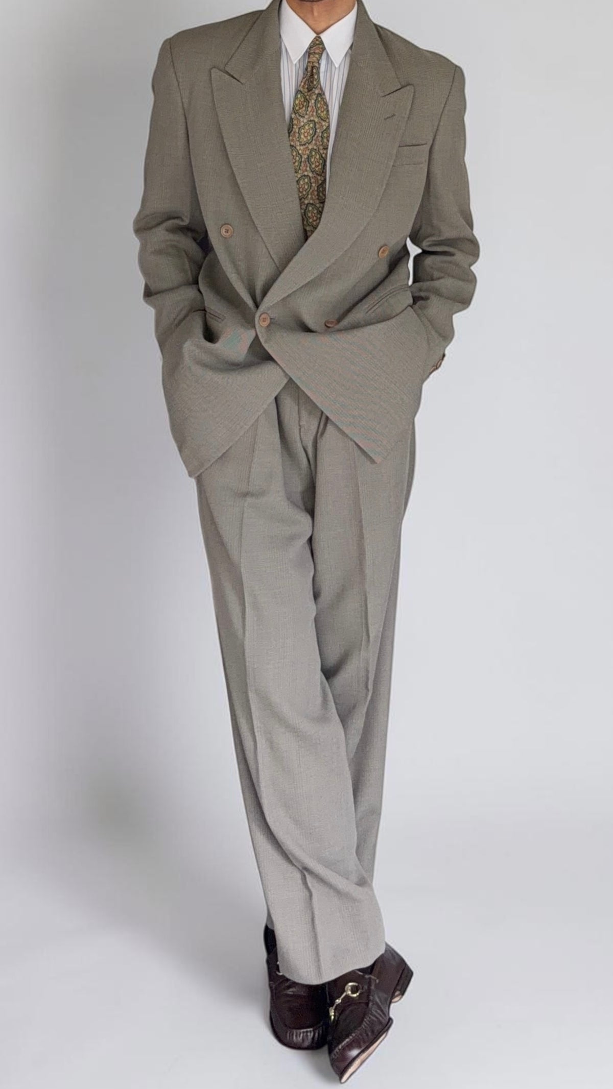 Emporio Armani 1990s Peaked Lapel Double Breasted Double-Pleated Wool Blend Suit Taupe Beige - Size L Jacket / 33" Waist