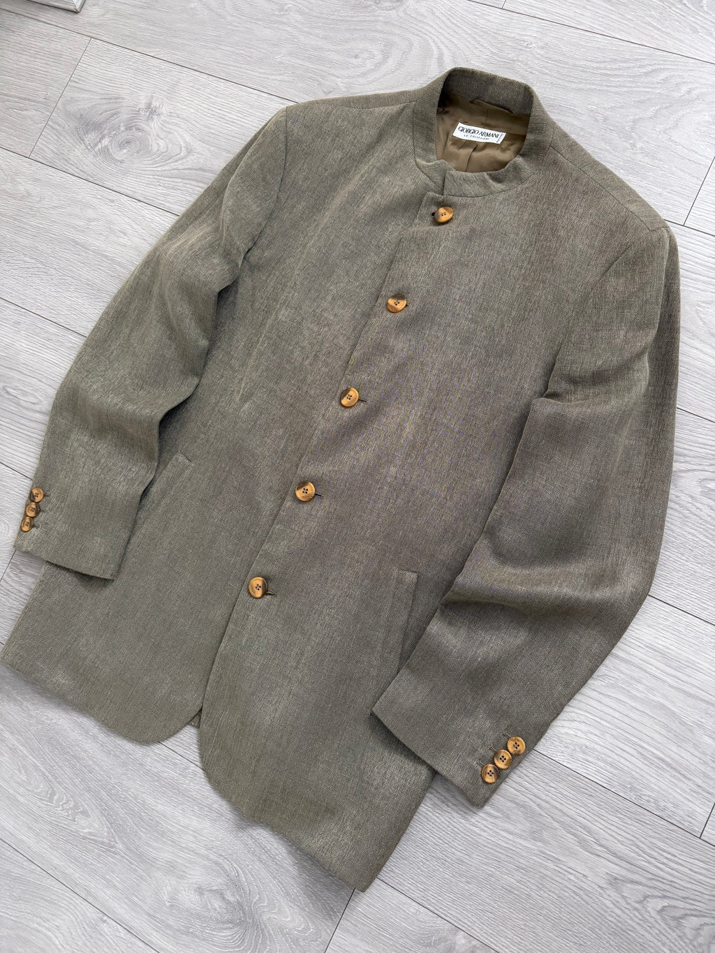 Giorgio Armani 1980s Nehru Collar Jacket Taupe Olive Brown - Size L